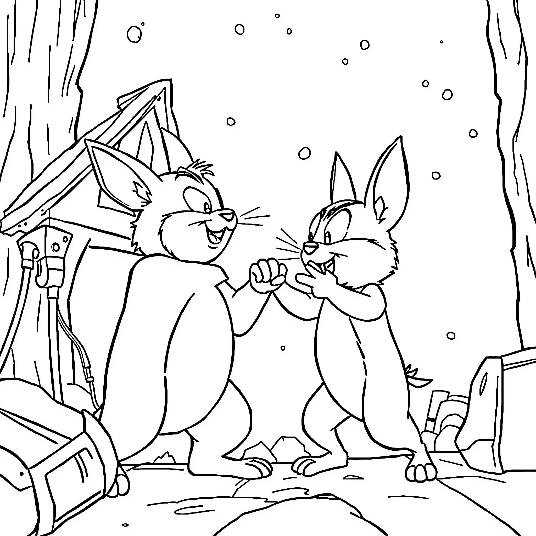 Mélenchon's animated cartoon characters in snowy forest scene Coloring Page (free black-and-white line drawing printable PDF for all, from beginners to advanced learners, including children, teens, adults, and seniors)
