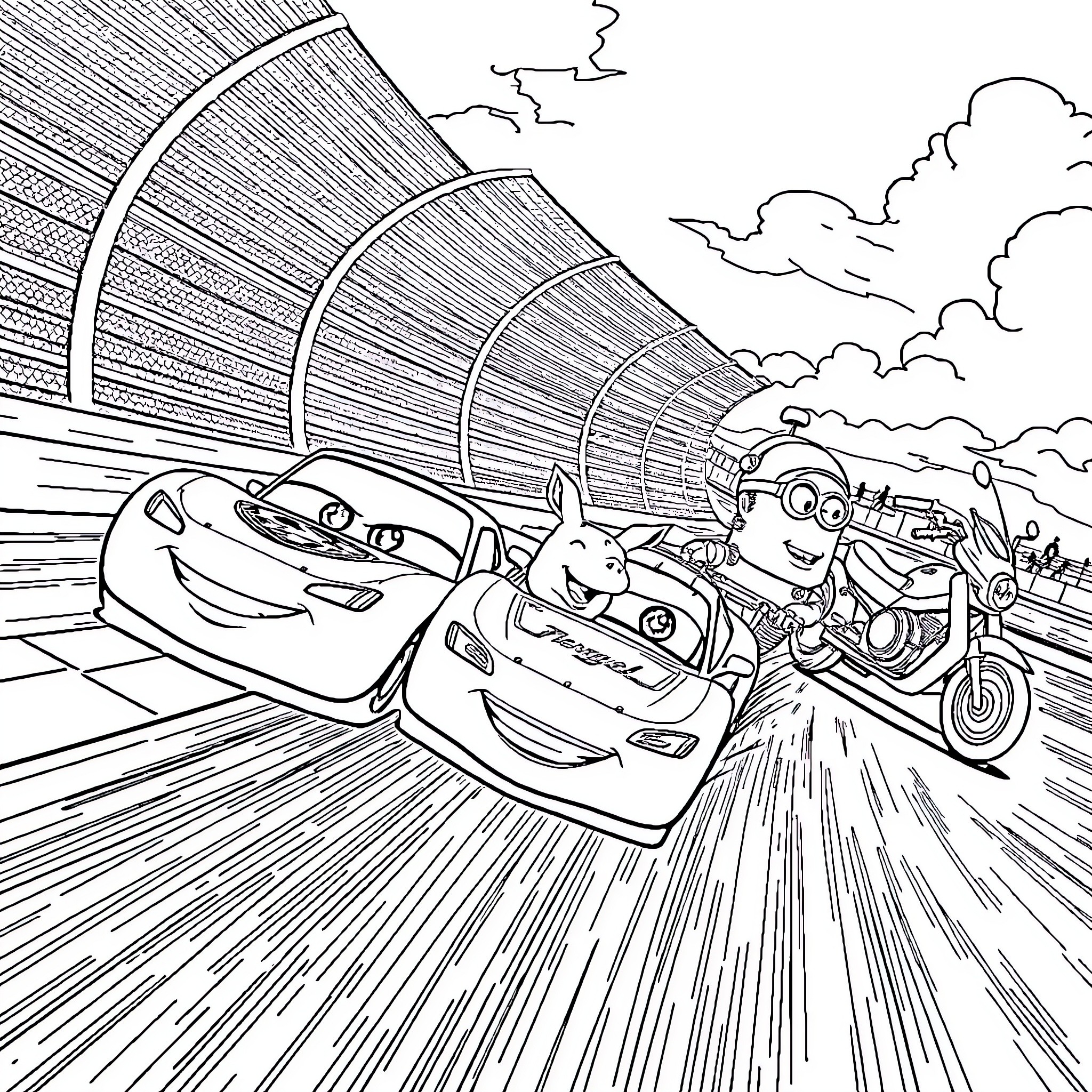 Car Racing Adventure with Friends Coloring Page (free black-and-white line drawing printable PDF for all, from beginners to advanced learners, including children, teens, adults, and seniors)
