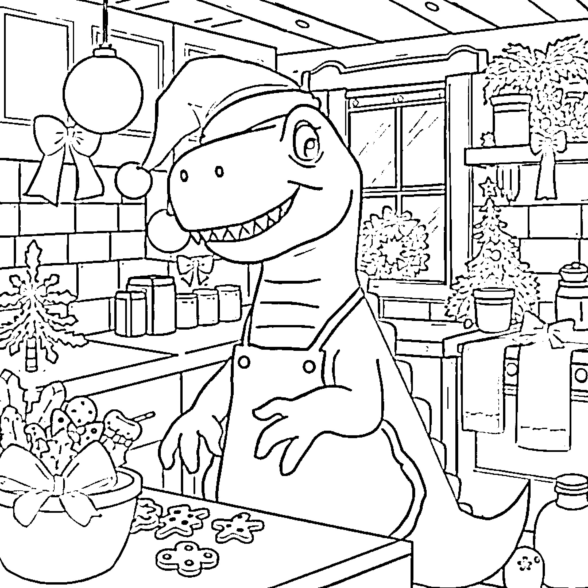 Dinosaur Cooking Cookies in the Kitchen Coloring Page (free black-and-white line drawing printable PDF for all, from beginners to advanced learners, including children, teens, adults, and seniors)