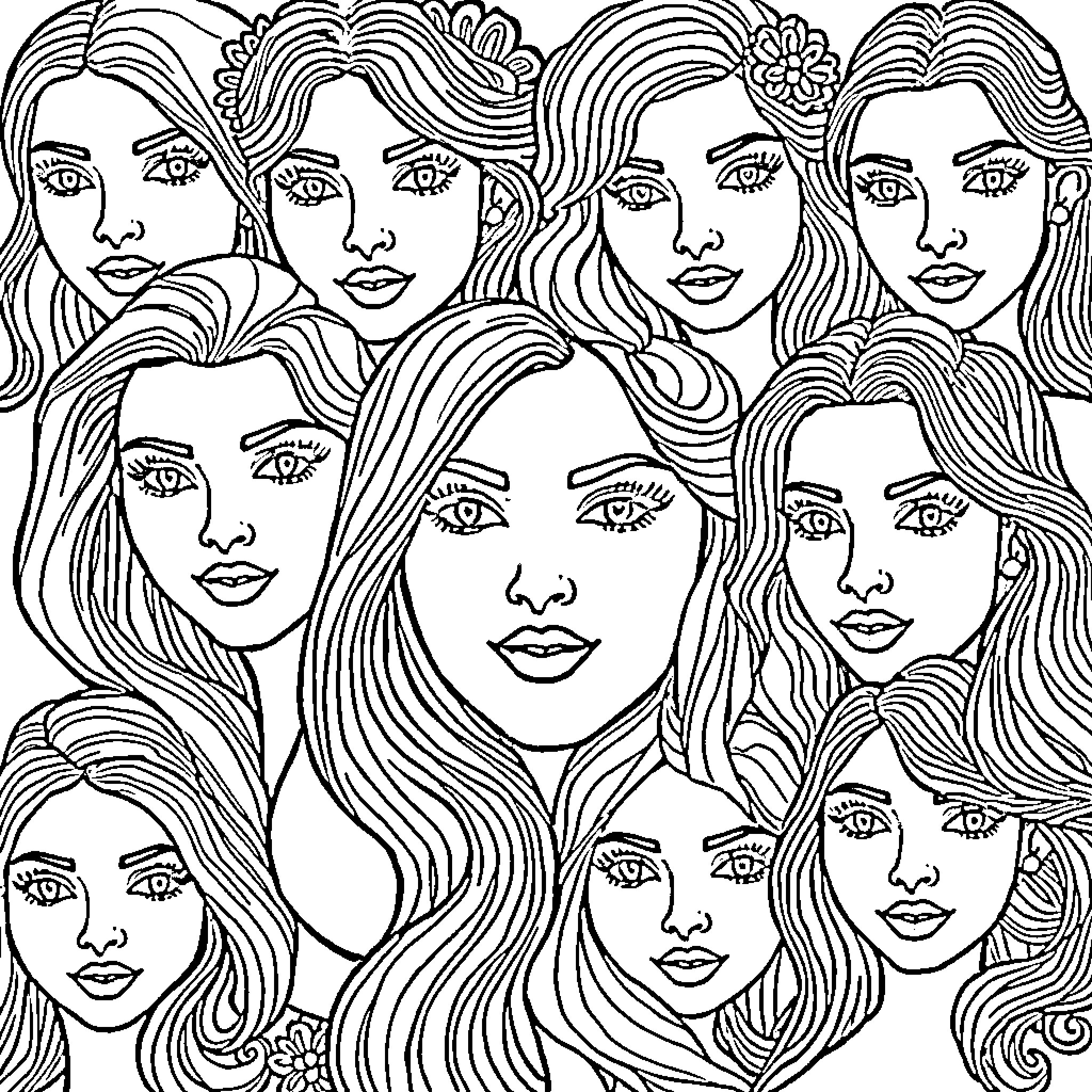 Woman with detailed hairstyles and expressions Coloring Page (free black-and-white line drawing printable PDF for all, from beginners to advanced learners, including children, teens, adults, and seniors)