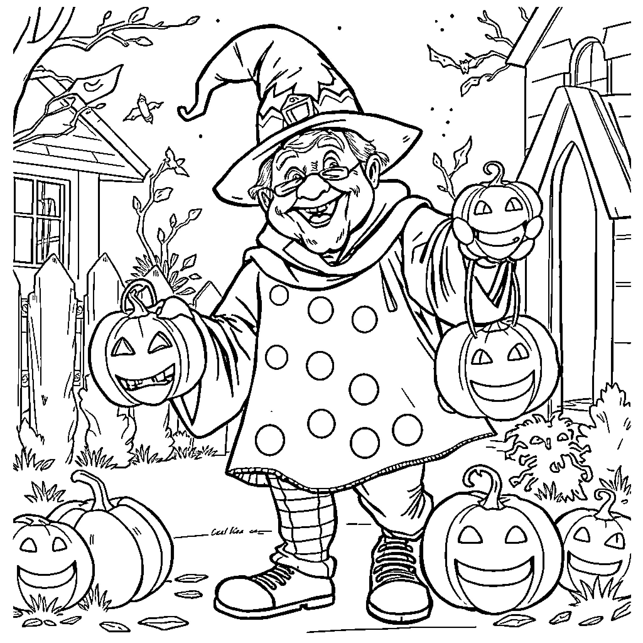Elderly Clown's Festive Halloween Celebration Coloring Page (free black-and-white line drawing printable PDF for all, from beginners to advanced learners, including children, teens, adults, and seniors)