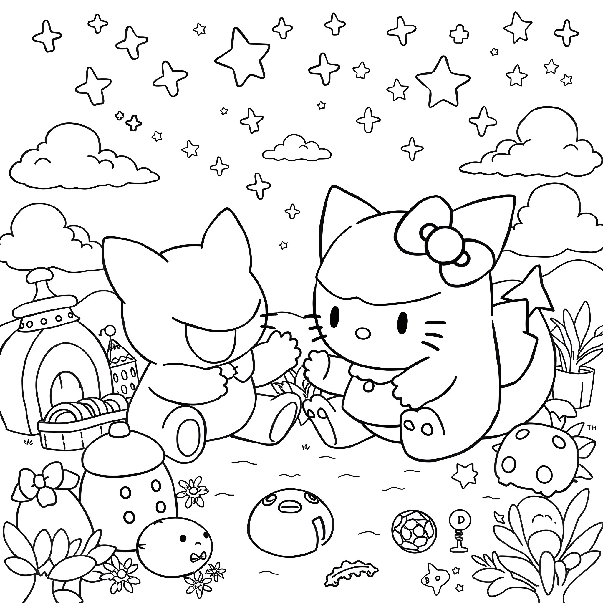 Gengar and Hello Kitty playing in the magical starry night Coloring Page (free black-and-white line drawing printable PDF for all, from beginners to advanced learners, including children, teens, adults, and seniors)