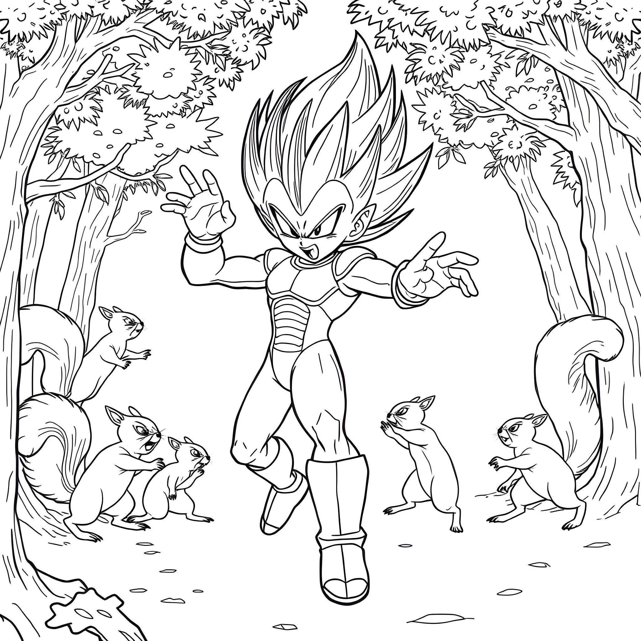 Vegeta in the Wilderness Surrounded by Nature Coloring Page (free black-and-white line drawing printable PDF for all, from beginners to advanced learners, including children, teens, adults, and seniors)