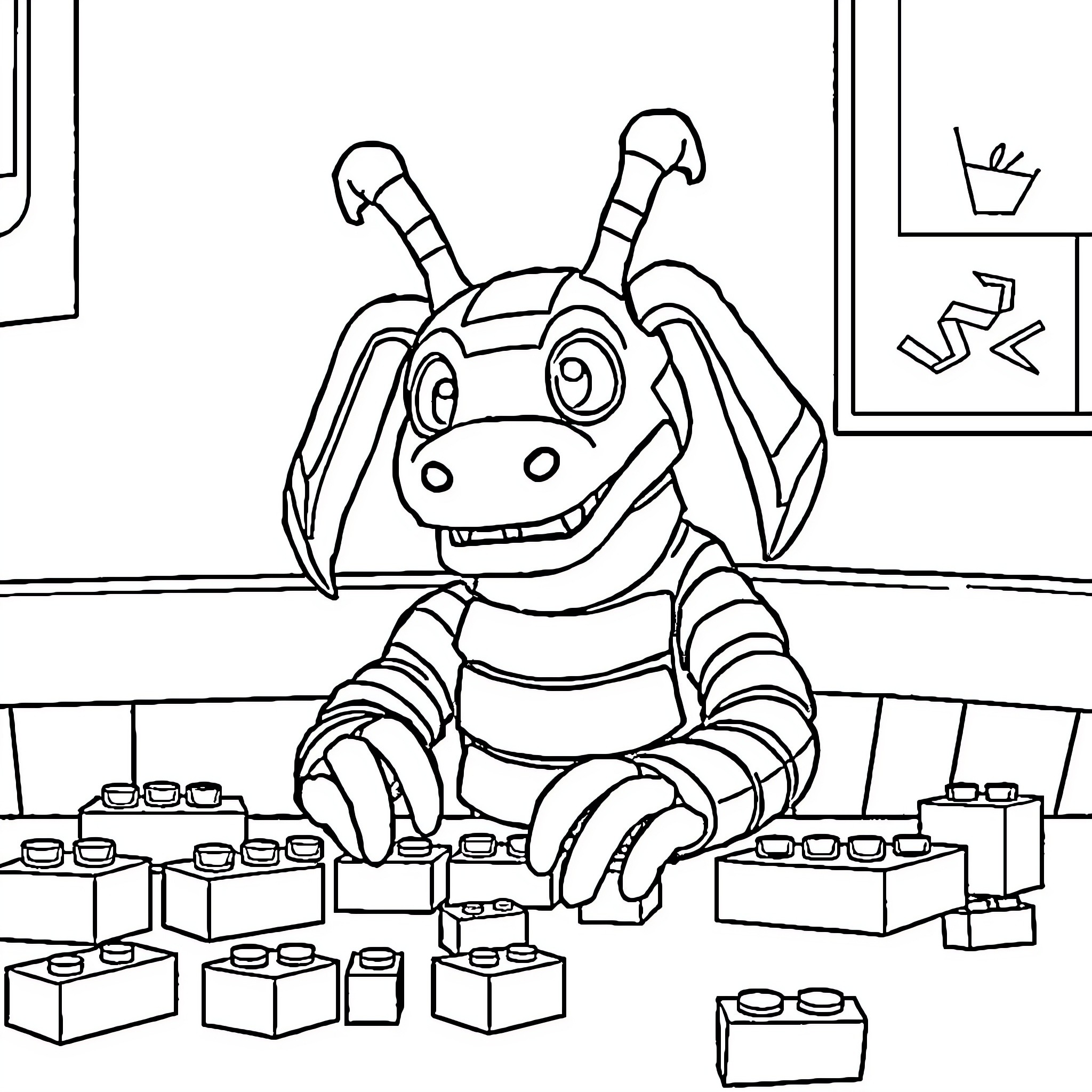 Springtrap playing happily with toy bricks in room Coloring Page (free black-and-white line drawing printable PDF for all, from beginners to advanced learners, including children, teens, adults, and seniors)