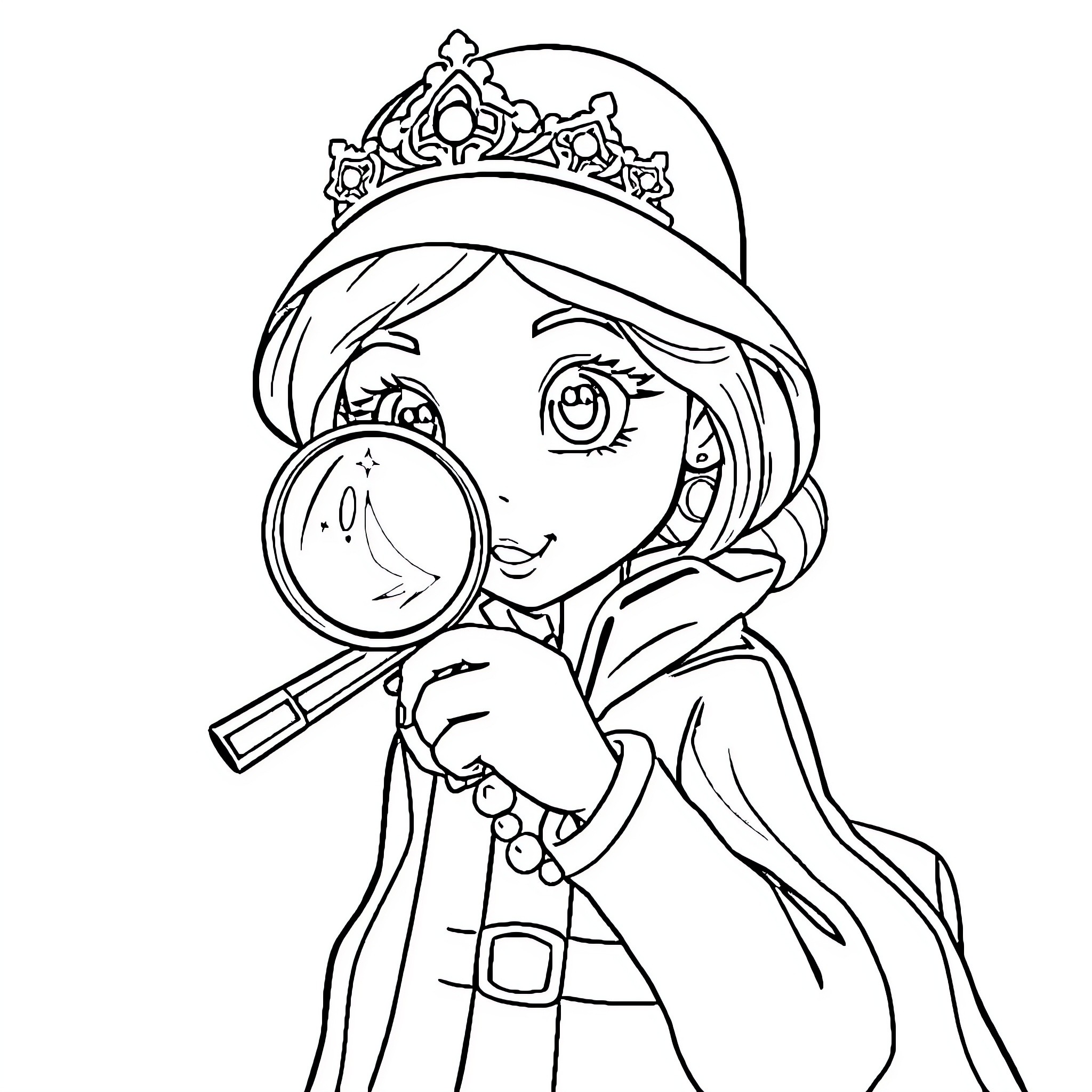 Mira Exploring the World Through a Magnifying Glass Coloring Page (free black-and-white line drawing printable PDF for all, from beginners to advanced learners, including children, teens, adults, and seniors)
