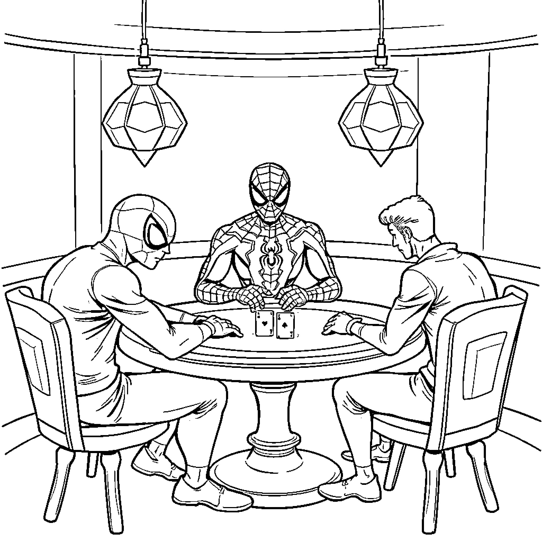 Spider-Man Playing Cards with Friends Coloring Page (free black-and-white line drawing printable PDF for all, from beginners to advanced learners, including children, teens, adults, and seniors)