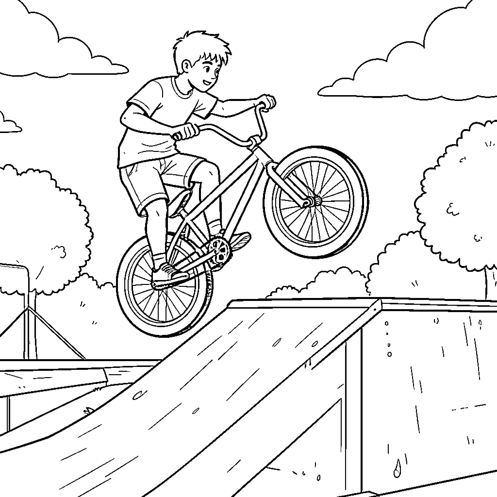 BMX rider performing tricks on ramp Coloring Page (free black-and-white line drawing printable PDF for all, from beginners to advanced learners, including children, teens, adults, and seniors)