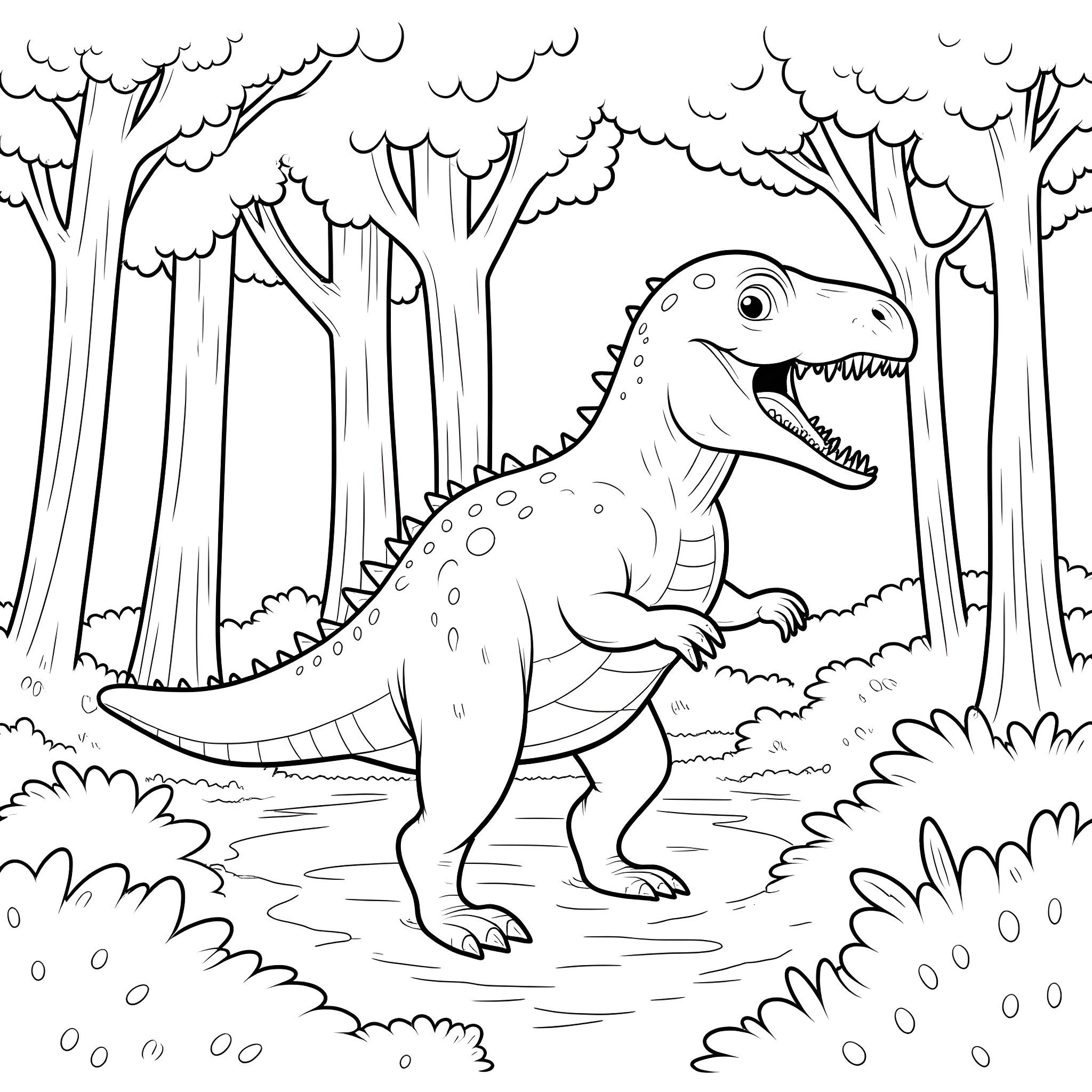 Kryptops the Prehistoric Predator in the Forest Coloring Page (free black-and-white line drawing printable PDF for all, from beginners to advanced learners, including children, teens, adults, and seniors)