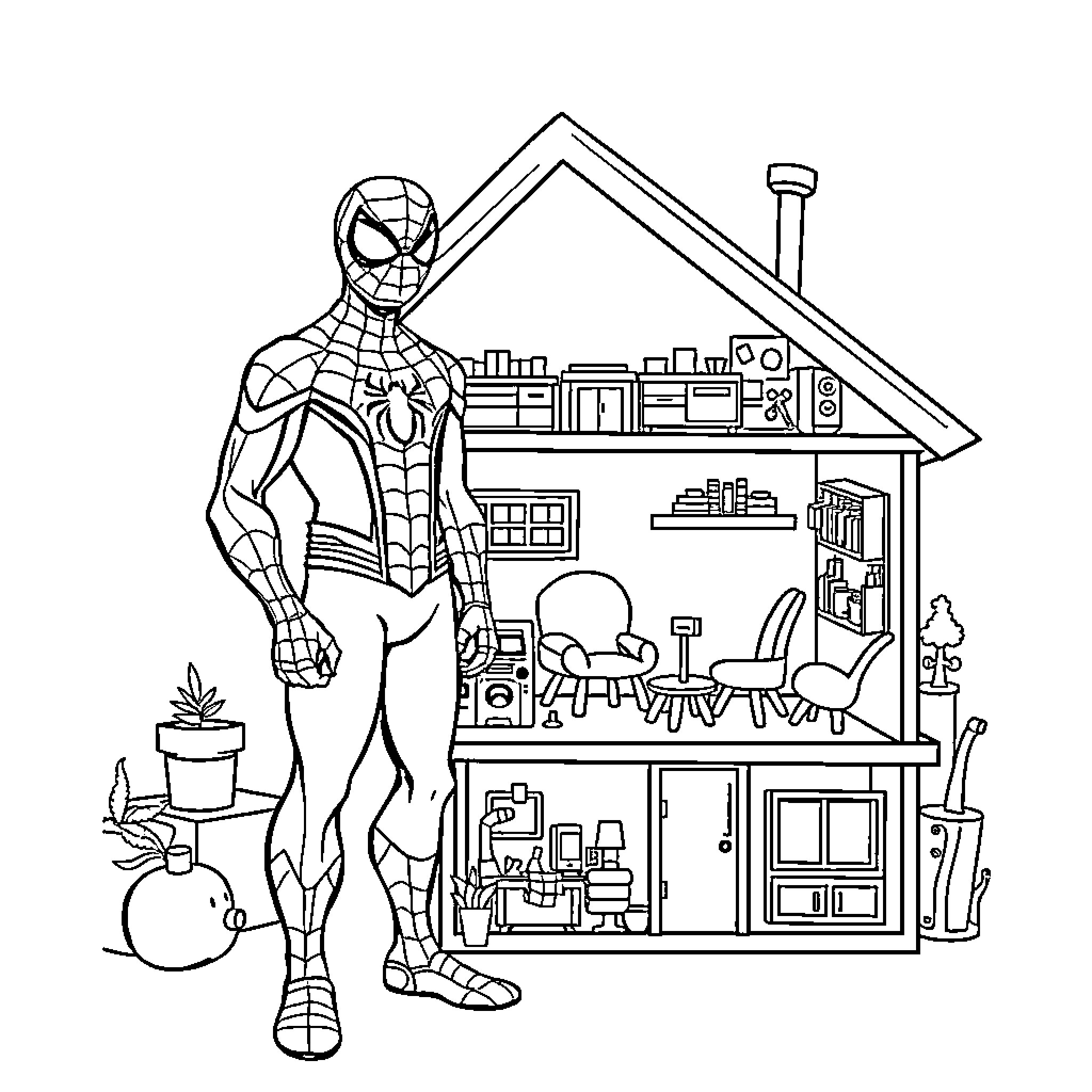 Spiderman exploring his high-tech superhero home Coloring Page (free black-and-white line drawing printable PDF for all, from beginners to advanced learners, including children, teens, adults, and seniors)