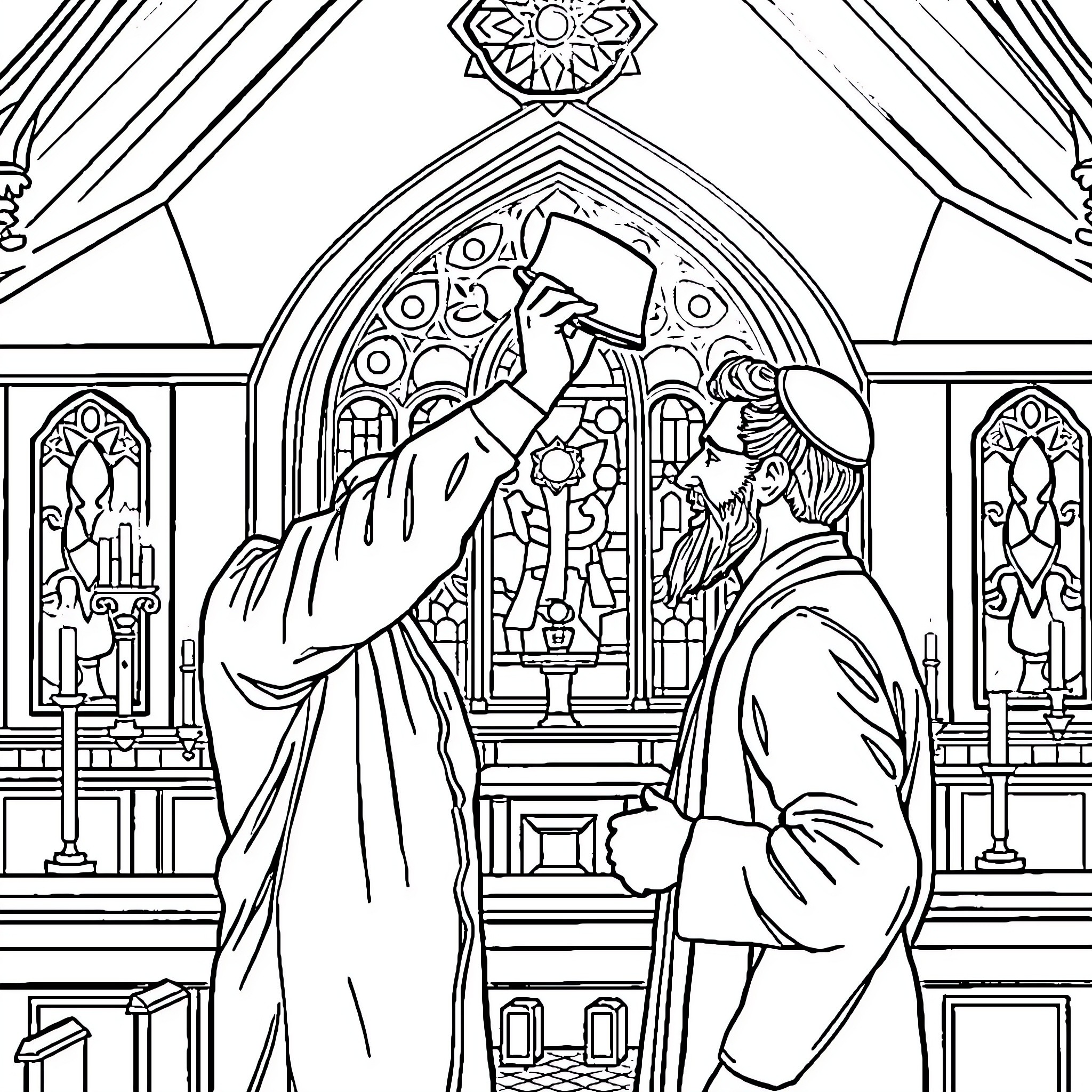 Man performing religious ceremony in ornate church setting Coloring Page (free black-and-white line drawing printable PDF for all, from beginners to advanced learners, including children, teens, adults, and seniors)