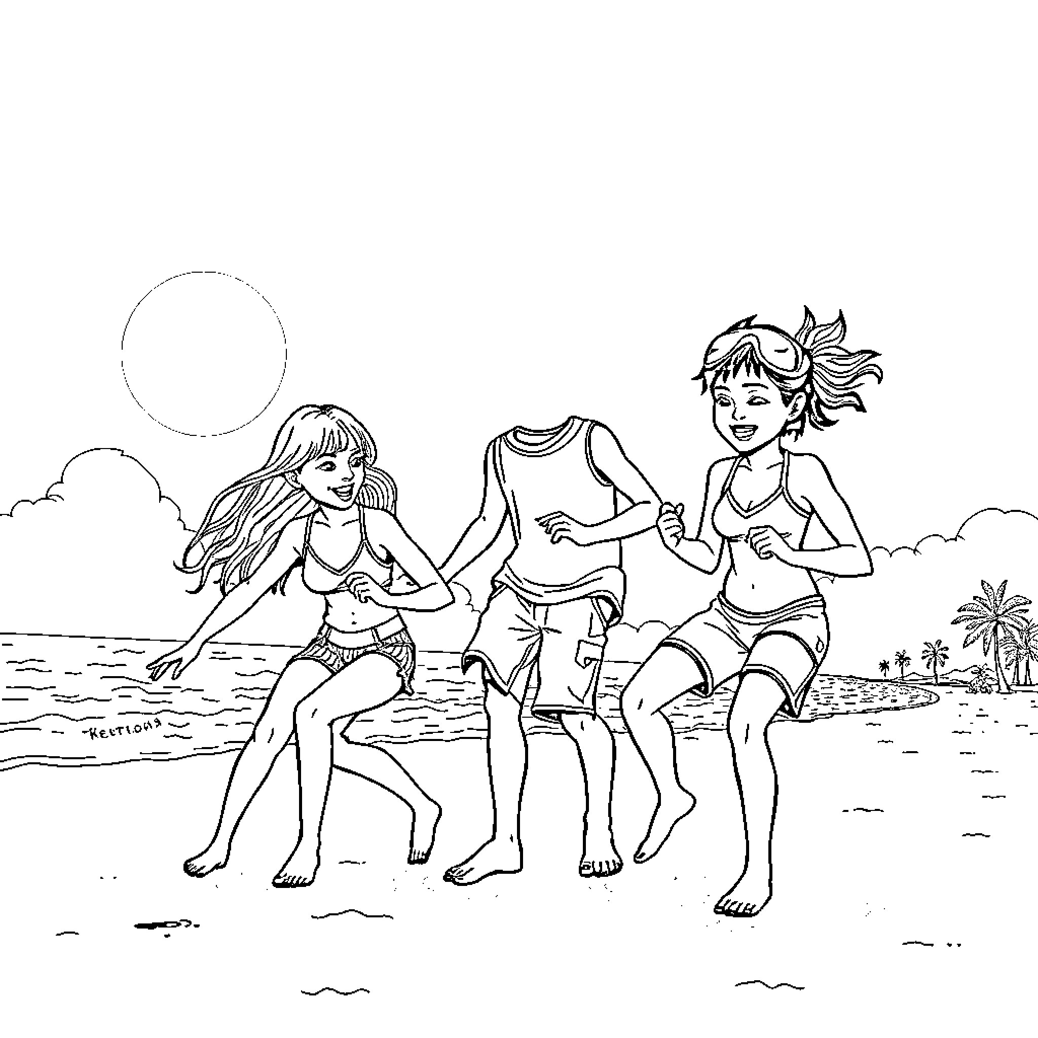 Hippopotamus Friends Enjoying Beach Day Coloring Page (free black-and-white line drawing printable PDF for all, from beginners to advanced learners, including children, teens, adults, and seniors)