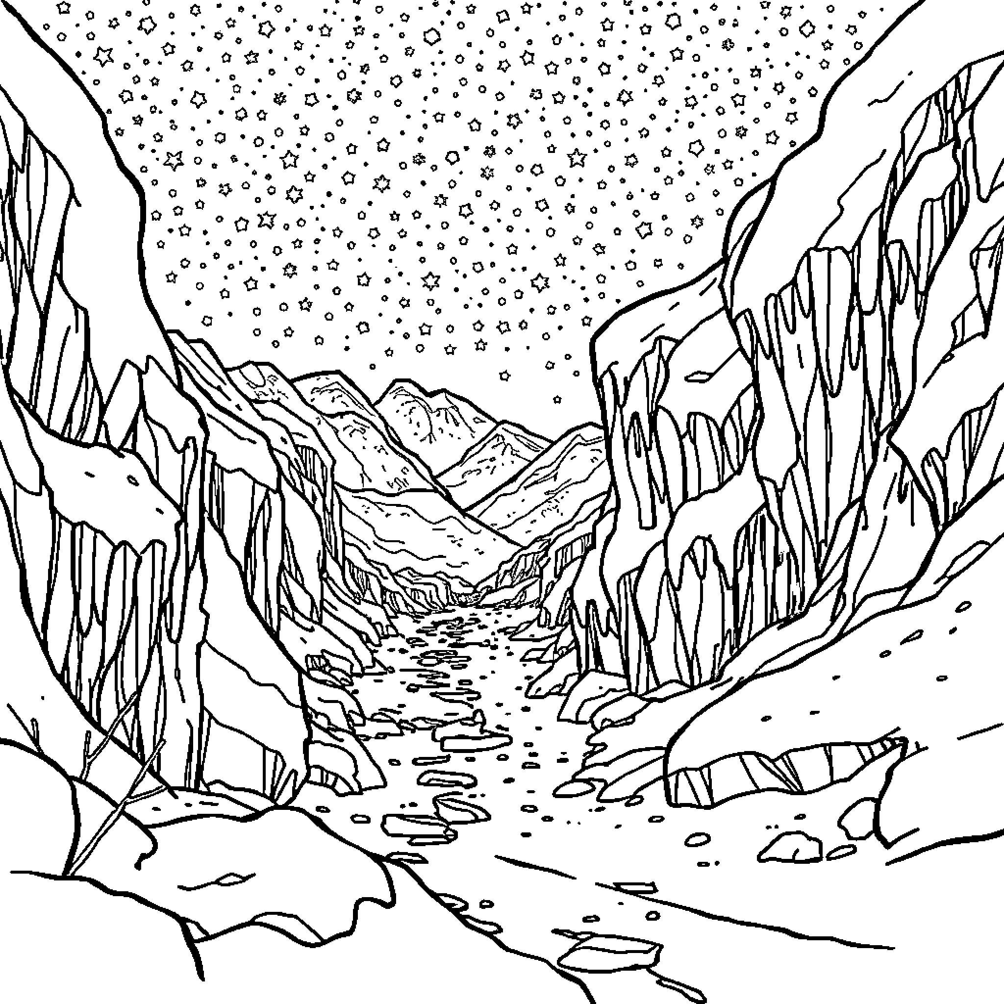 Frozen mountain landscape with starry night sky Coloring Page (free black-and-white line drawing printable PDF for all, from beginners to advanced learners, including children, teens, adults, and seniors)