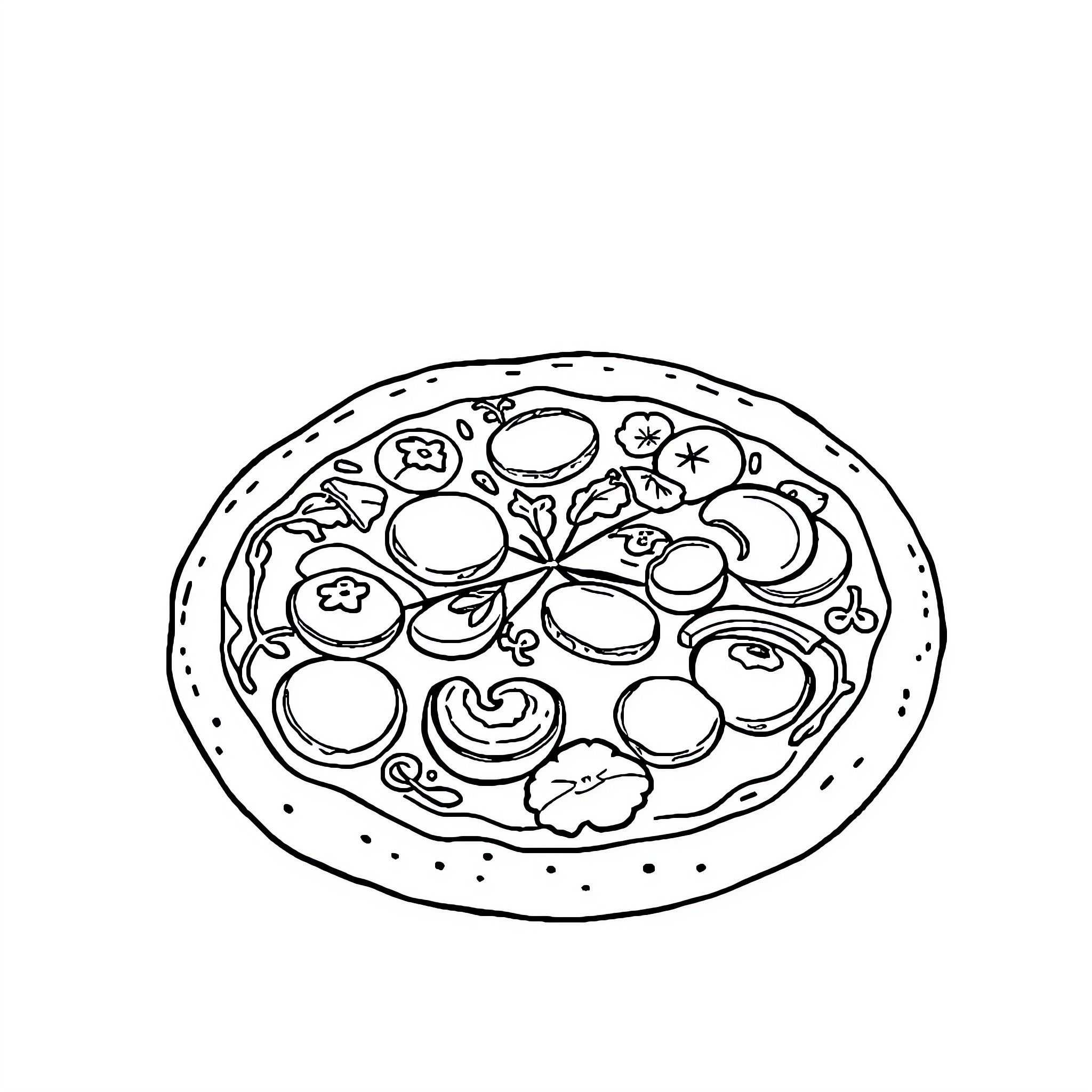 Pizza topped with various ingredients Coloring Page (free black-and-white line drawing printable PDF for all, from beginners to advanced learners, including children, teens, adults, and seniors)