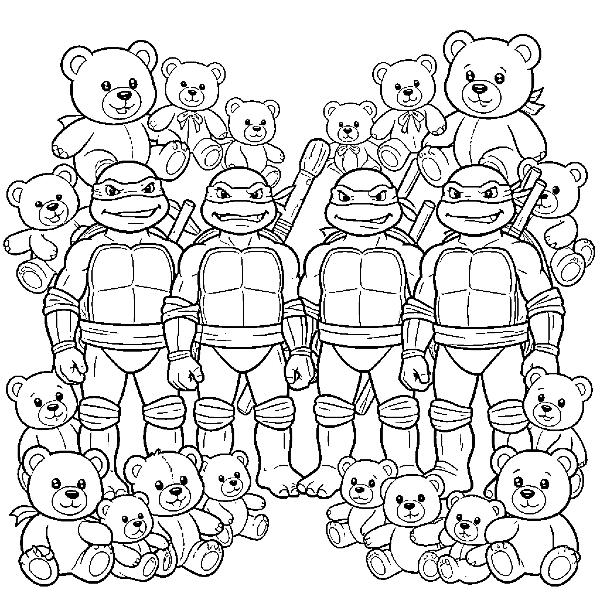 Ninja Turtle characters posing with plush bears Coloring Page (free black-and-white line drawing printable PDF for all, from beginners to advanced learners, including children, teens, adults, and seniors)
