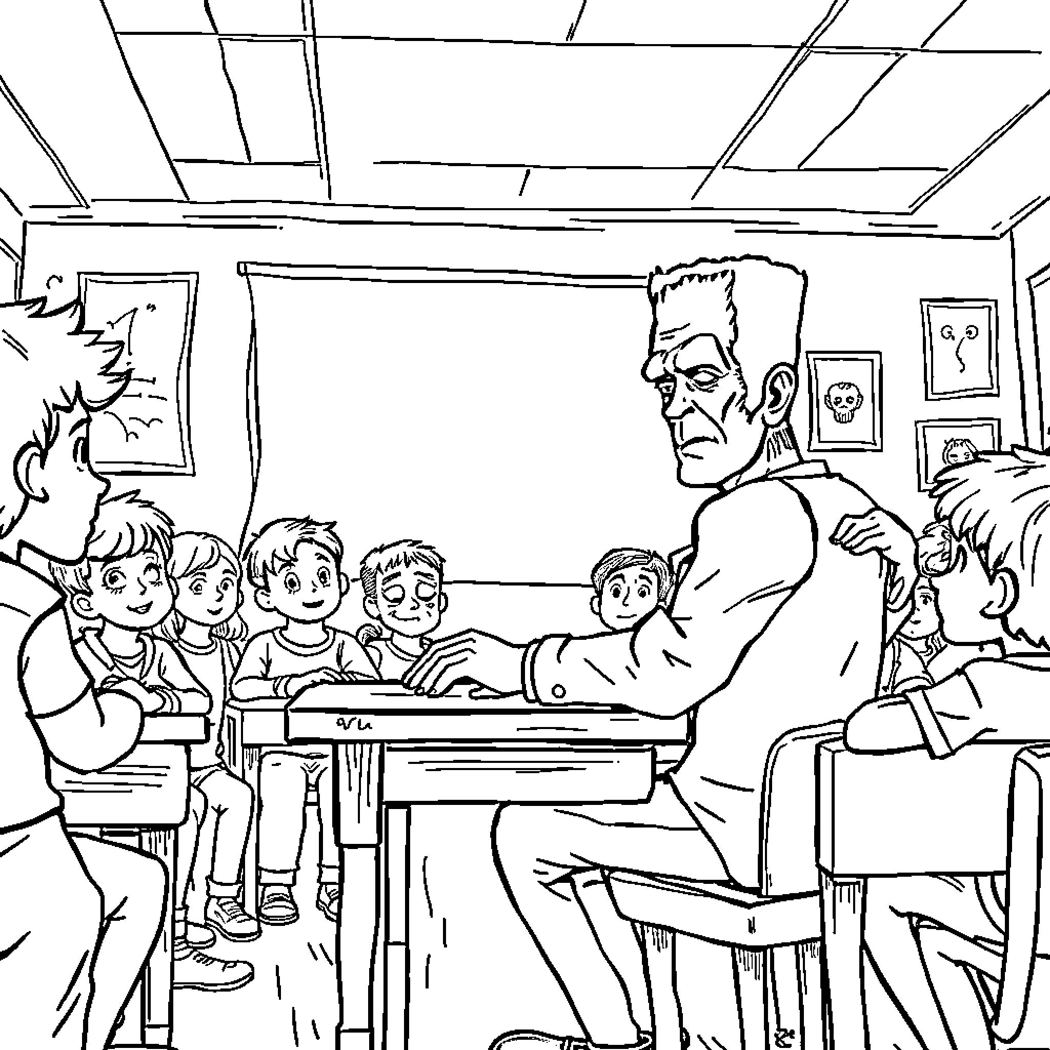 Frankenstein's Monster Teaches in a Classroom Coloring Page (free black-and-white line drawing printable PDF for all, from beginners to advanced learners, including children, teens, adults, and seniors)