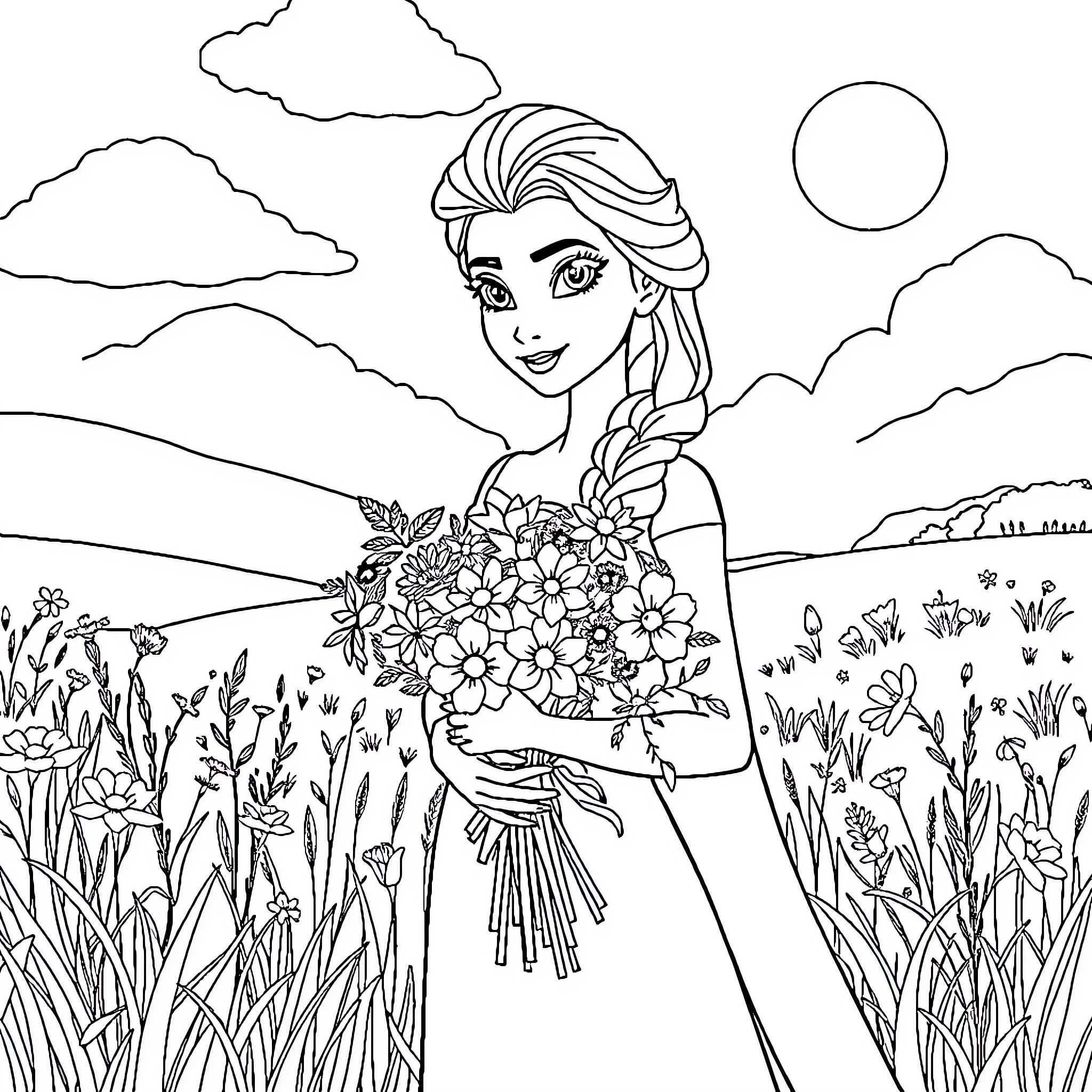 Elsa's Floral Bouquet in Scenic Landscape Coloring Page (free black-and-white line drawing printable PDF for all, from beginners to advanced learners, including children, teens, adults, and seniors)