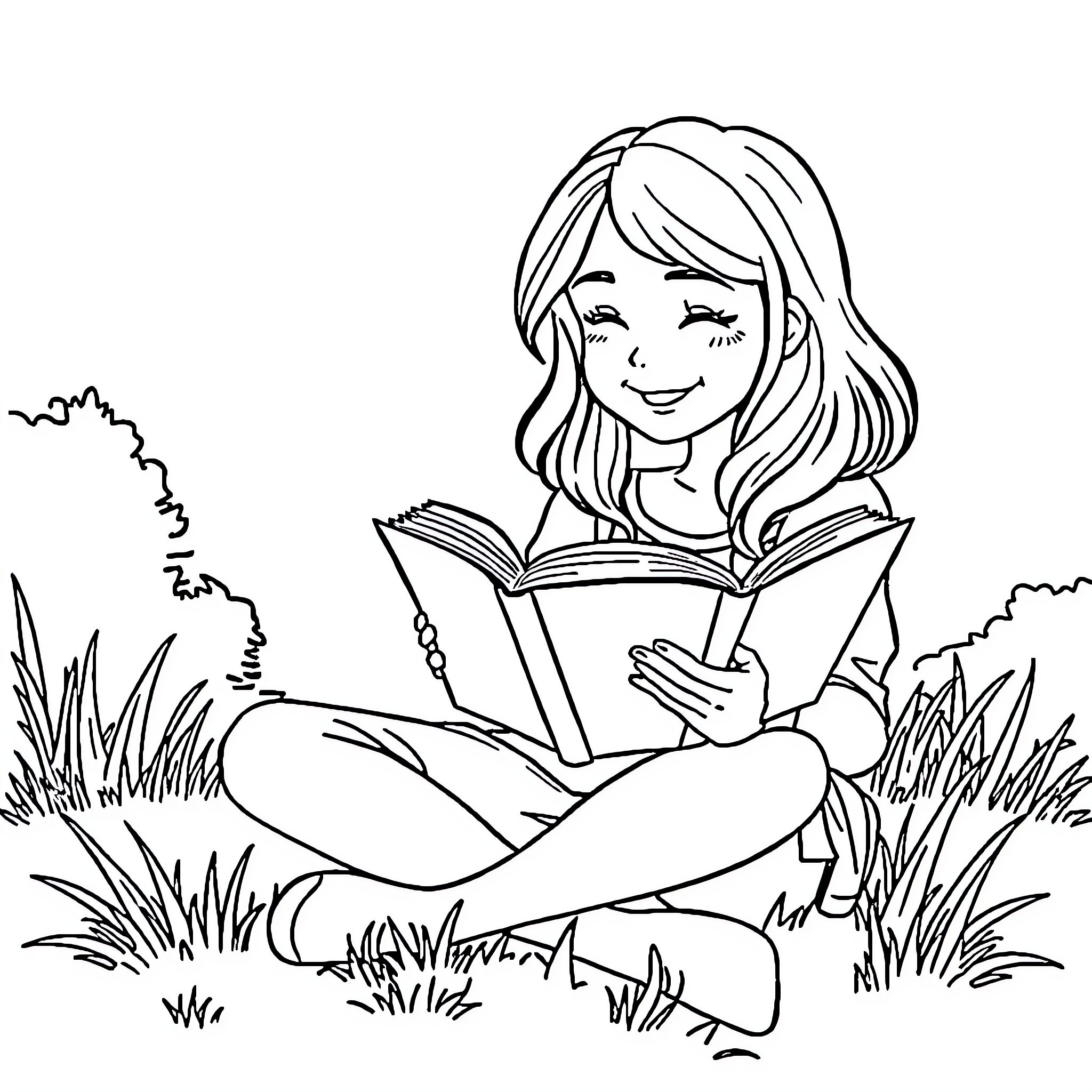 Girl reading a book in the grass Coloring Page (free black-and-white line drawing printable PDF for all, from beginners to advanced learners, including children, teens, adults, and seniors)