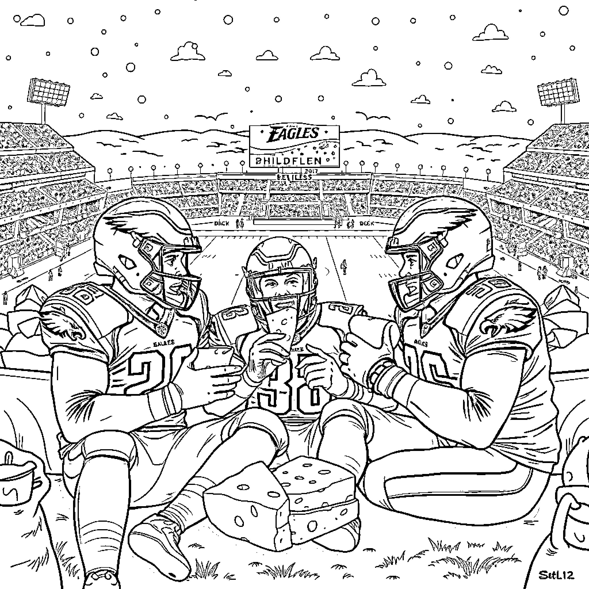 Eagles players on the field during a game Coloring Page (free black-and-white line drawing printable PDF for all, from beginners to advanced learners, including children, teens, adults, and seniors)