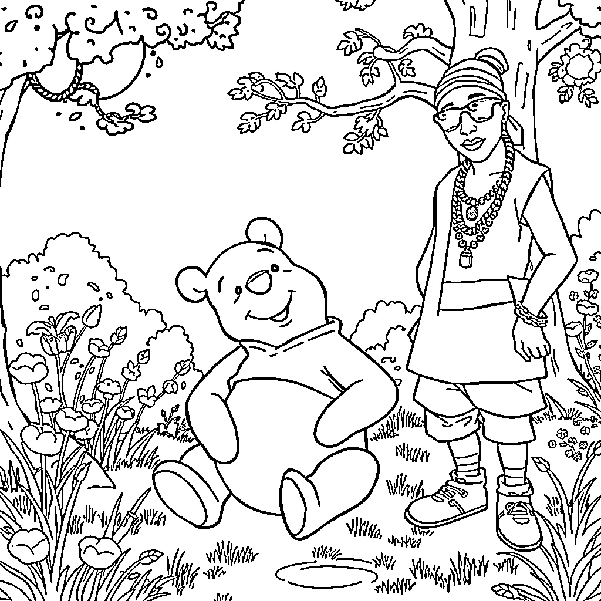 Winnie The Pooh enjoys a spring day with friends Coloring Page (free black-and-white line drawing printable PDF for all, from beginners to advanced learners, including children, teens, adults, and seniors)