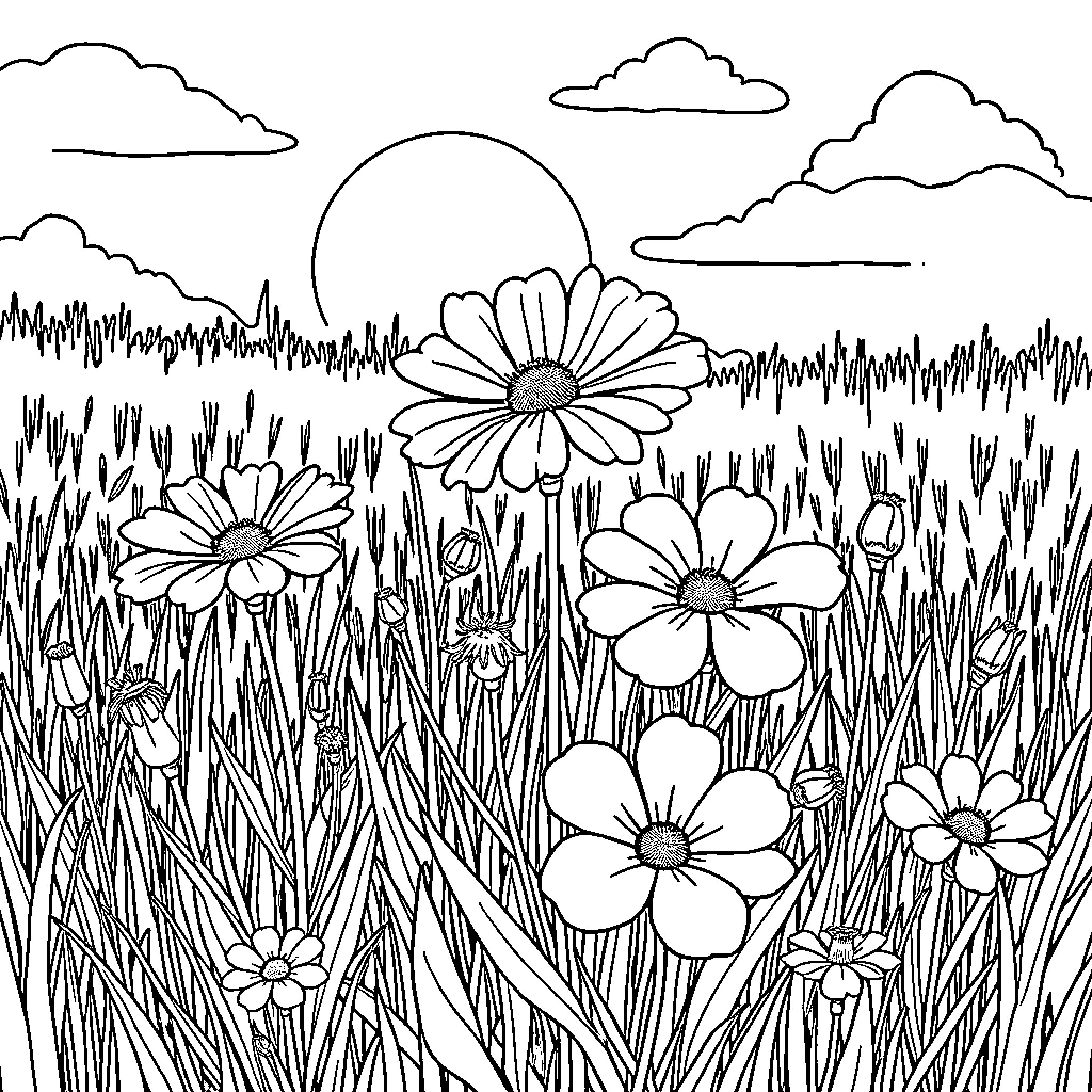 Wildflower field under a shining sun Coloring Page (free black-and-white line drawing printable PDF for all, from beginners to advanced learners, including children, teens, adults, and seniors)