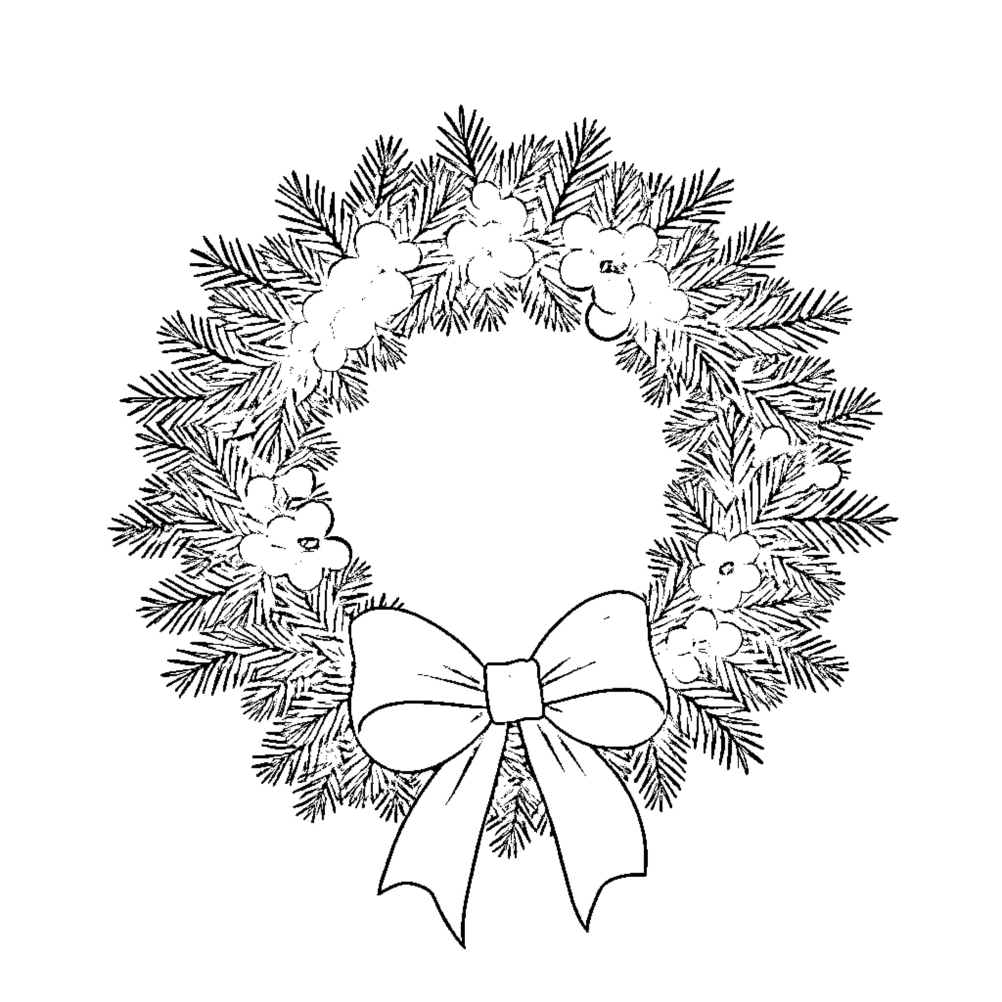 Wreath with Festive Bow and Floral Adornments Coloring Page (free black-and-white line drawing printable PDF for all, from beginners to advanced learners, including children, teens, adults, and seniors)
