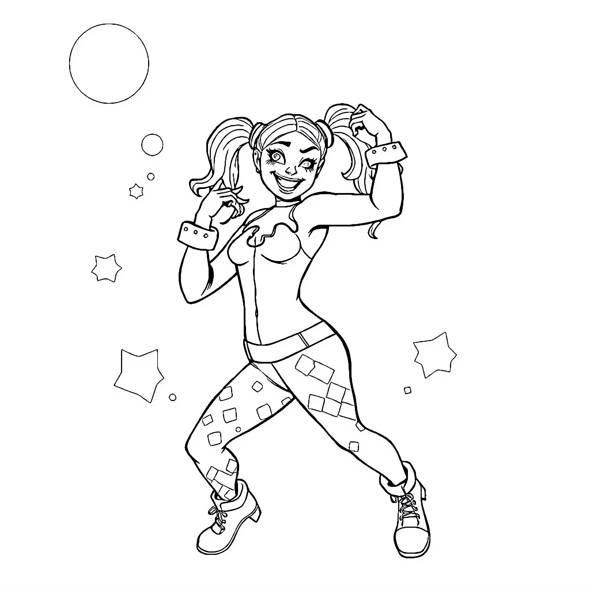 Harley Quinn in playful and energetic pose Coloring Page (free black-and-white line drawing printable PDF for all, from beginners to advanced learners, including children, teens, adults, and seniors)