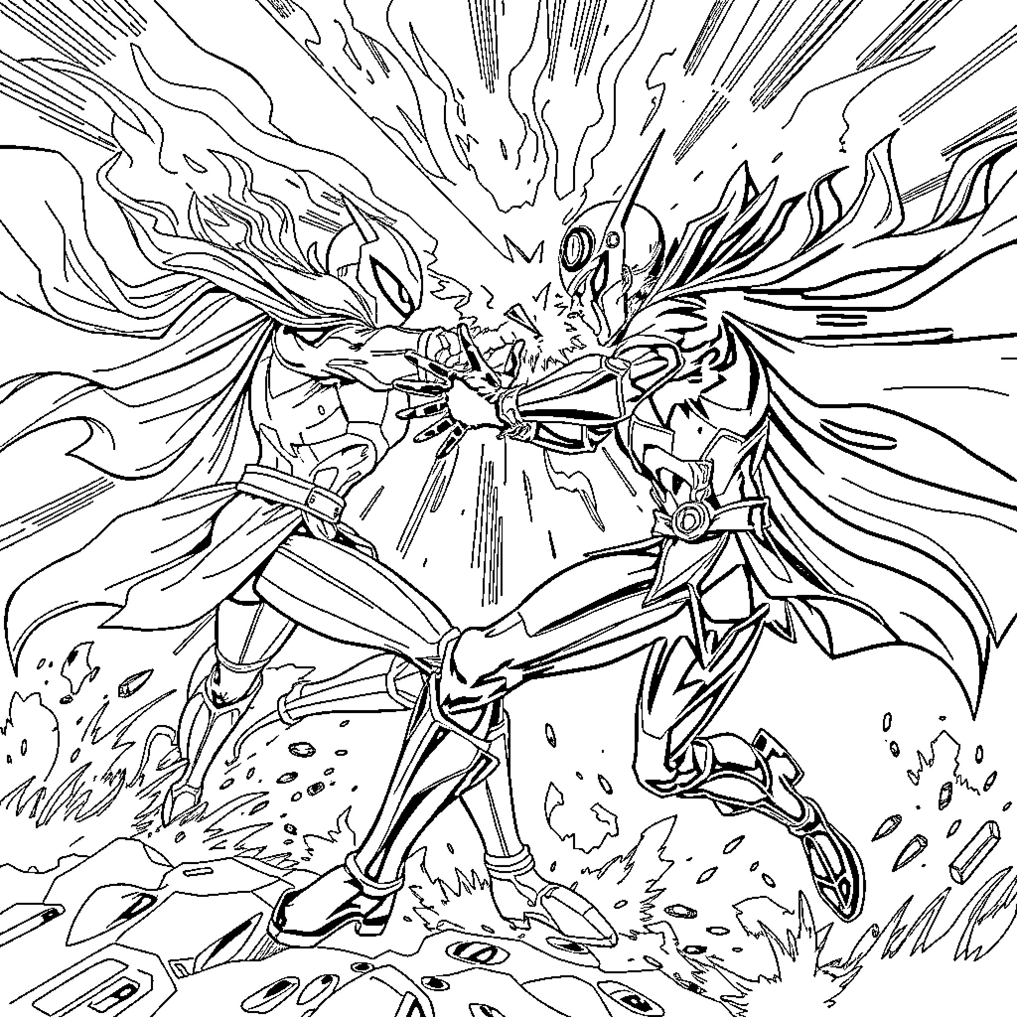 Zero Clash of Robotic Titans in Explosive Battle Coloring Page (free black-and-white line drawing printable PDF for all, from beginners to advanced learners, including children, teens, adults, and seniors)