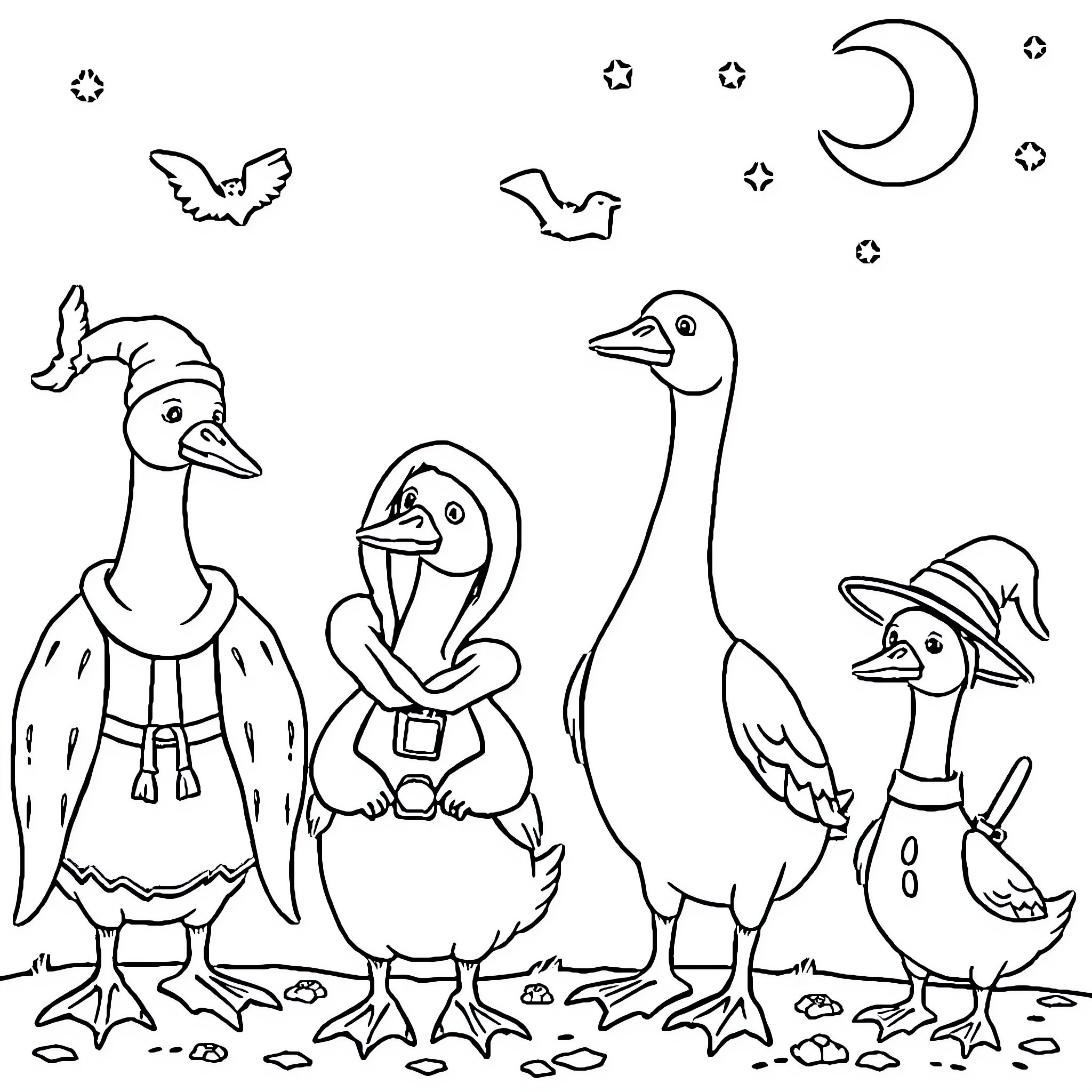 Goose family enjoying a peaceful night outdoors Coloring Page (free black-and-white line drawing printable PDF for all, from beginners to advanced learners, including children, teens, adults, and seniors)