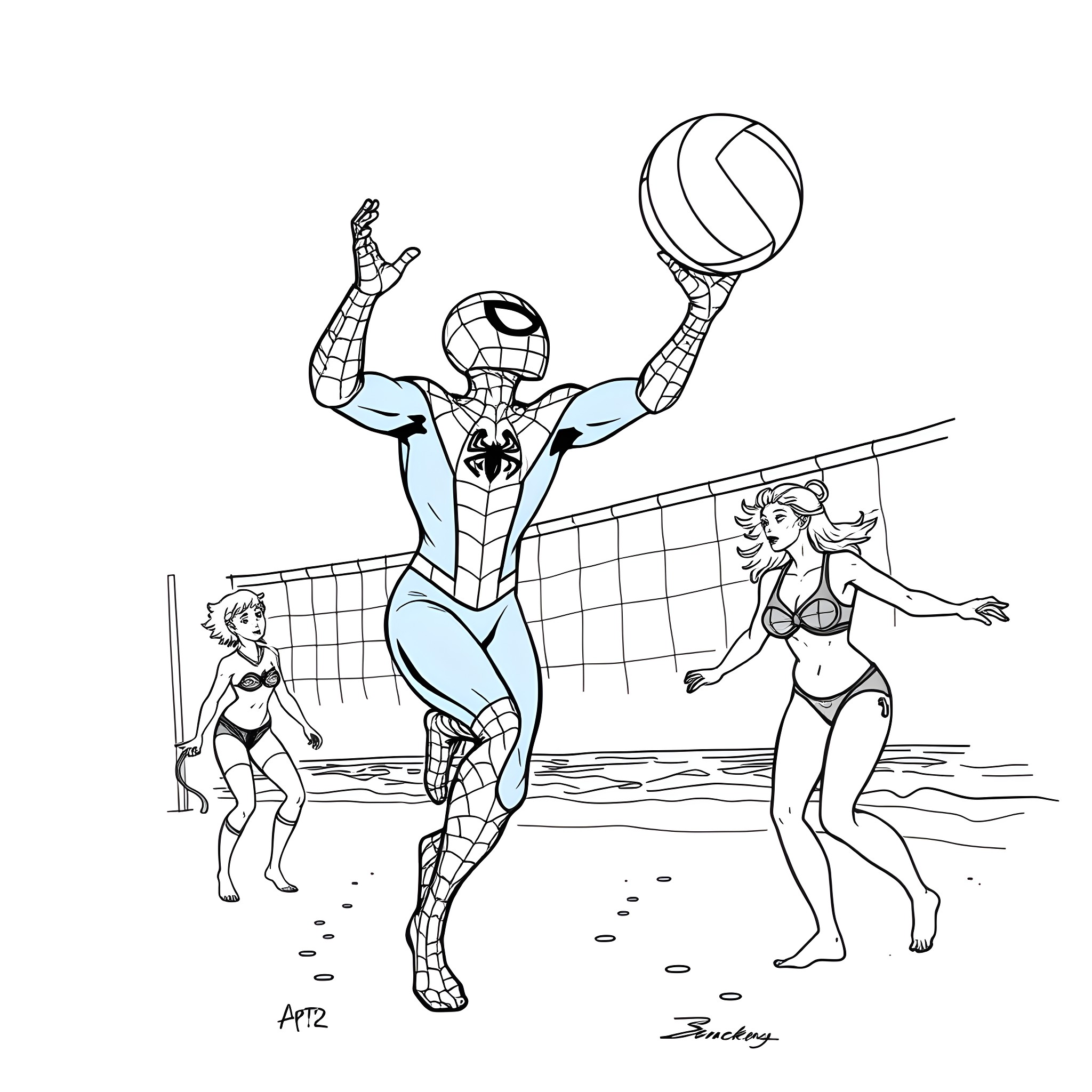 Spiderman playing beach volleyball with friends Coloring Page (free black-and-white line drawing printable PDF for all, from beginners to advanced learners, including children, teens, adults, and seniors)
