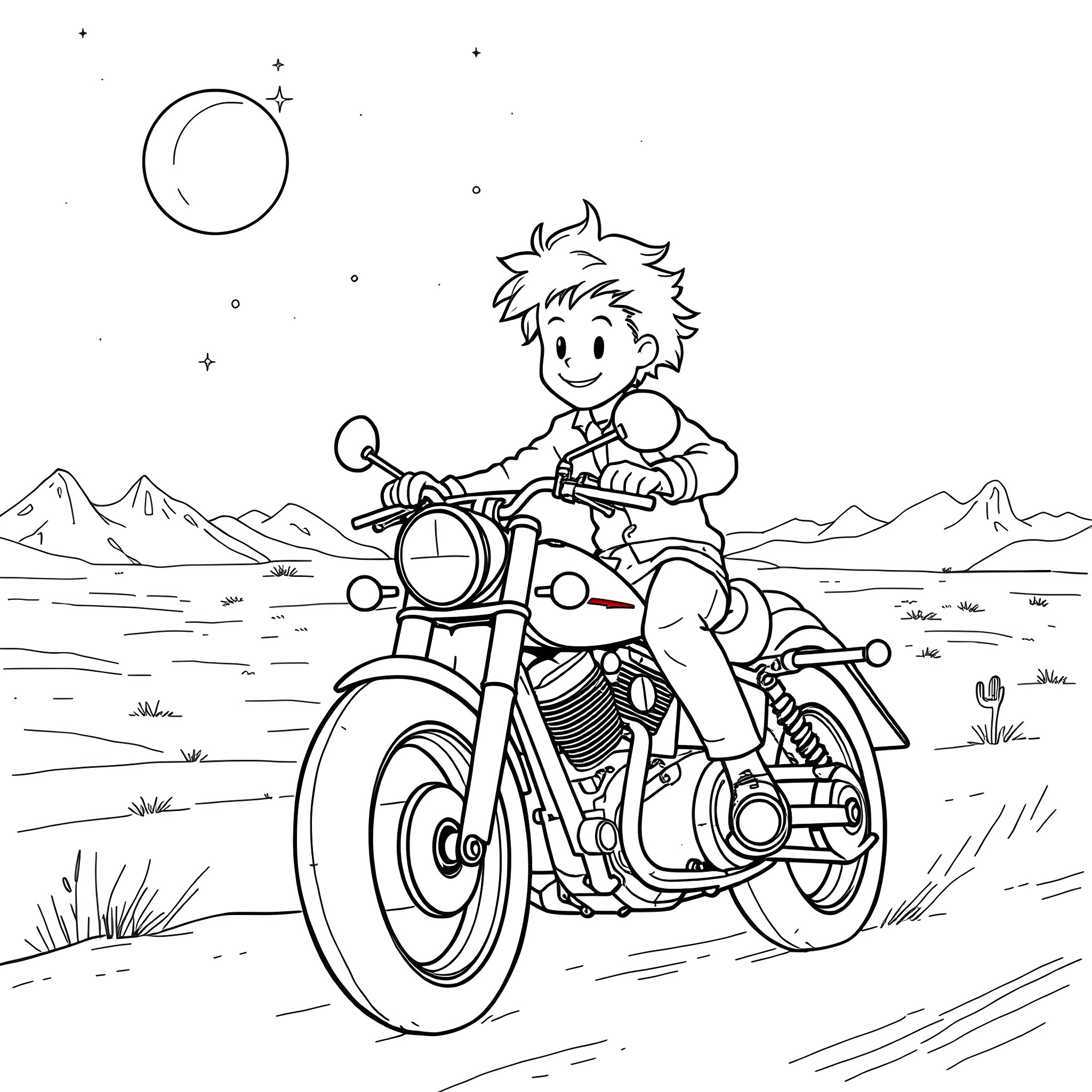 Little Prince riding a motorcycle in the desert Coloring Page (free black-and-white line drawing printable PDF for all, from beginners to advanced learners, including children, teens, adults, and seniors)