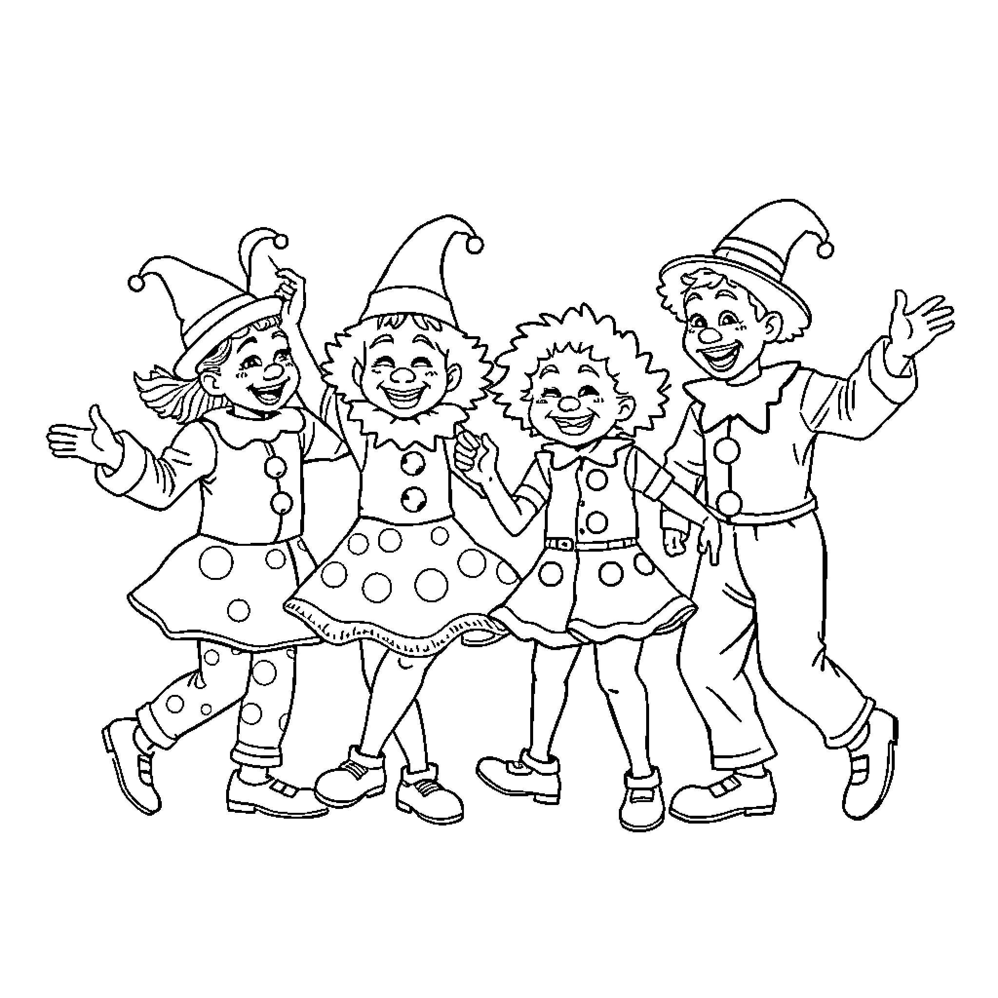 Clown family having fun with silly antics Coloring Page (free black-and-white line drawing printable PDF for all, from beginners to advanced learners, including children, teens, adults, and seniors)