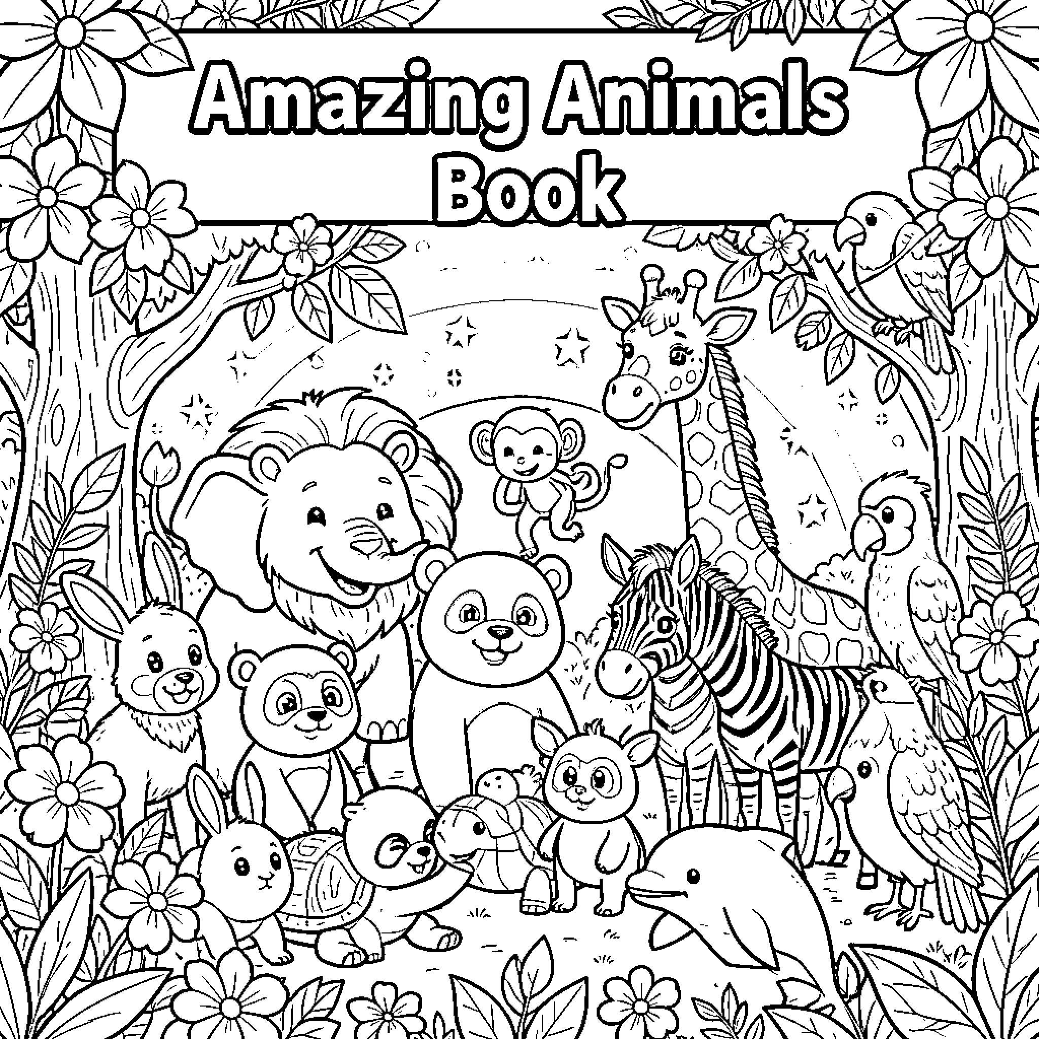 Animal Amazing Animals in the Book Coloring Page (free black-and-white line drawing printable PDF for all, from beginners to advanced learners, including children, teens, adults, and seniors)