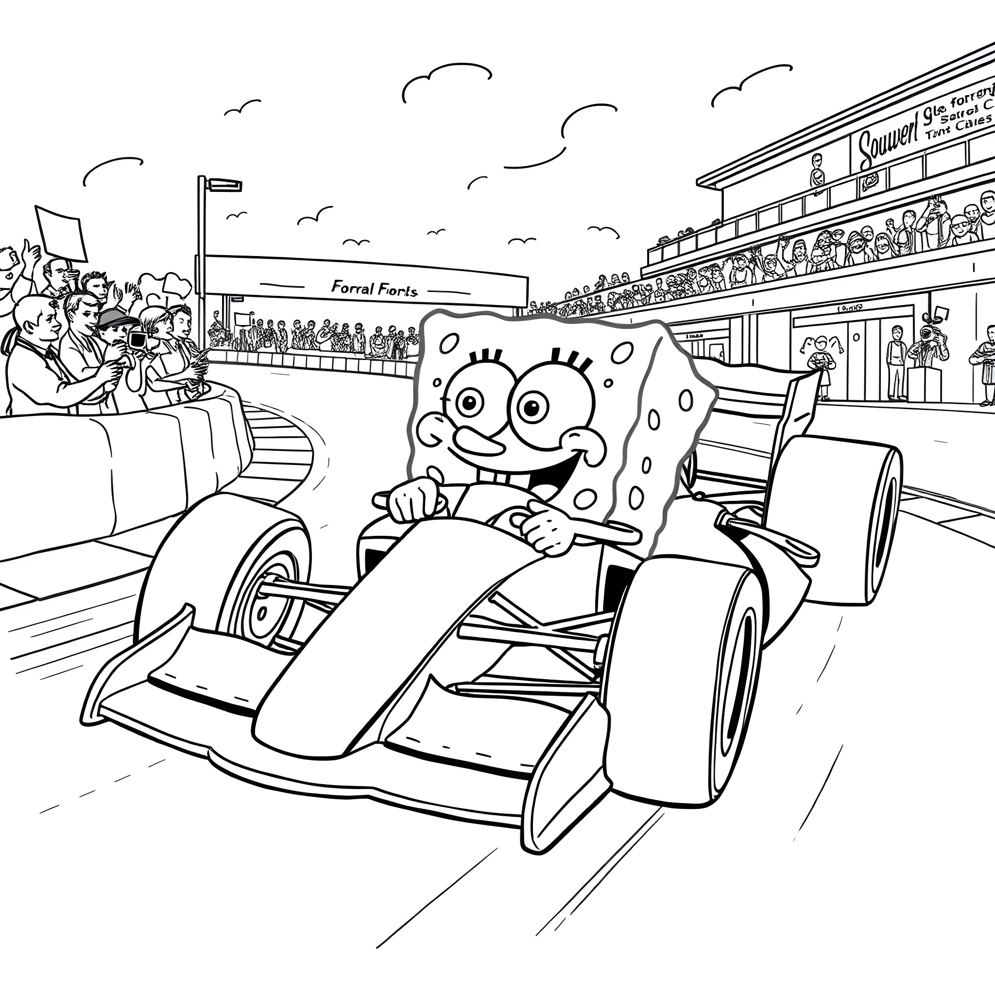Spongebob racing in a Formula 1 car at the racetrack Coloring Page (free black-and-white line drawing printable PDF for all, from beginners to advanced learners, including children, teens, adults, and seniors)
