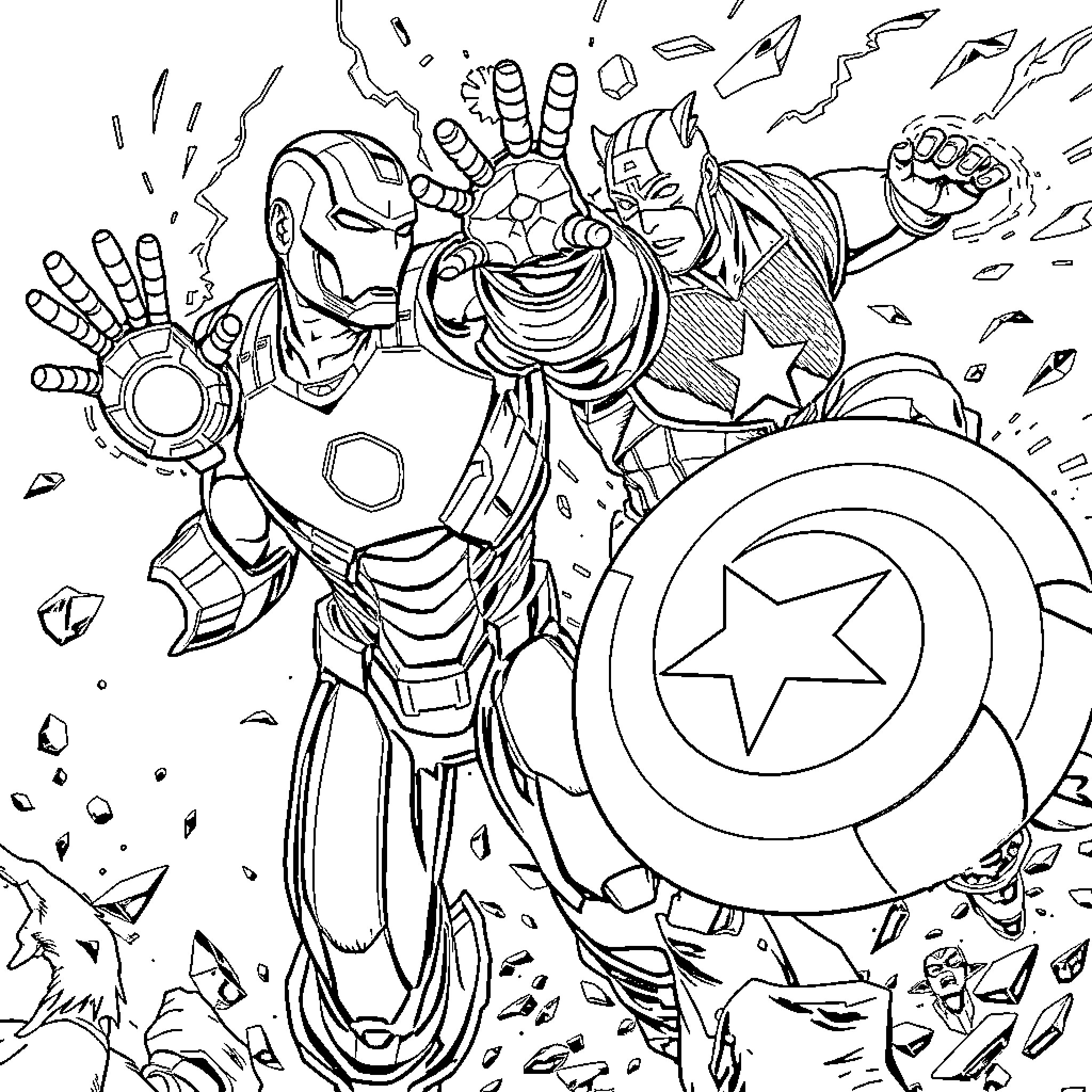 Iron Man battling heroically with Captain America's shield Coloring Page (free black-and-white line drawing printable PDF for all, from beginners to advanced learners, including children, teens, adults, and seniors)