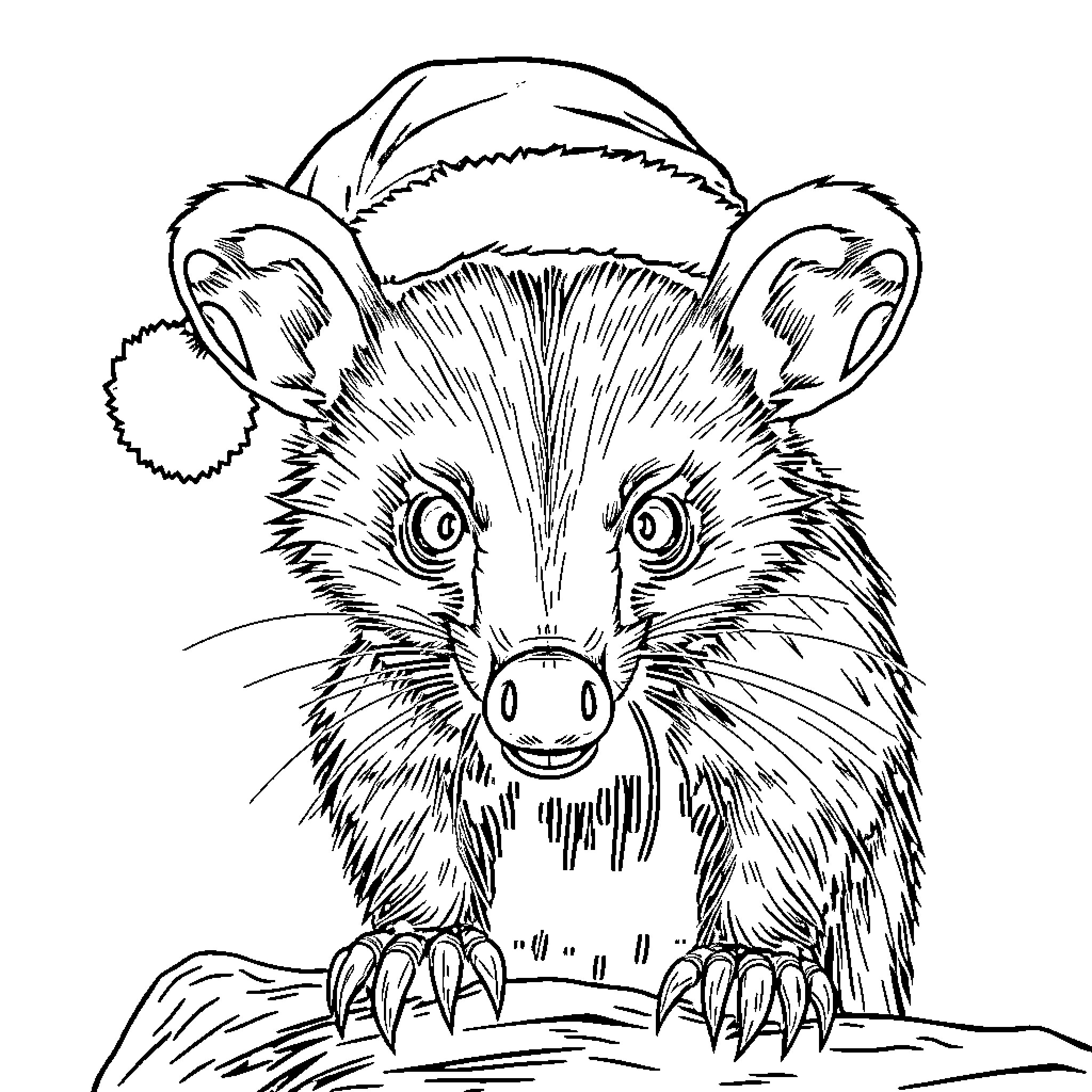 Possum wearing winter hat and scarf Coloring Page (free black-and-white line drawing printable PDF for all, from beginners to advanced learners, including children, teens, adults, and seniors)