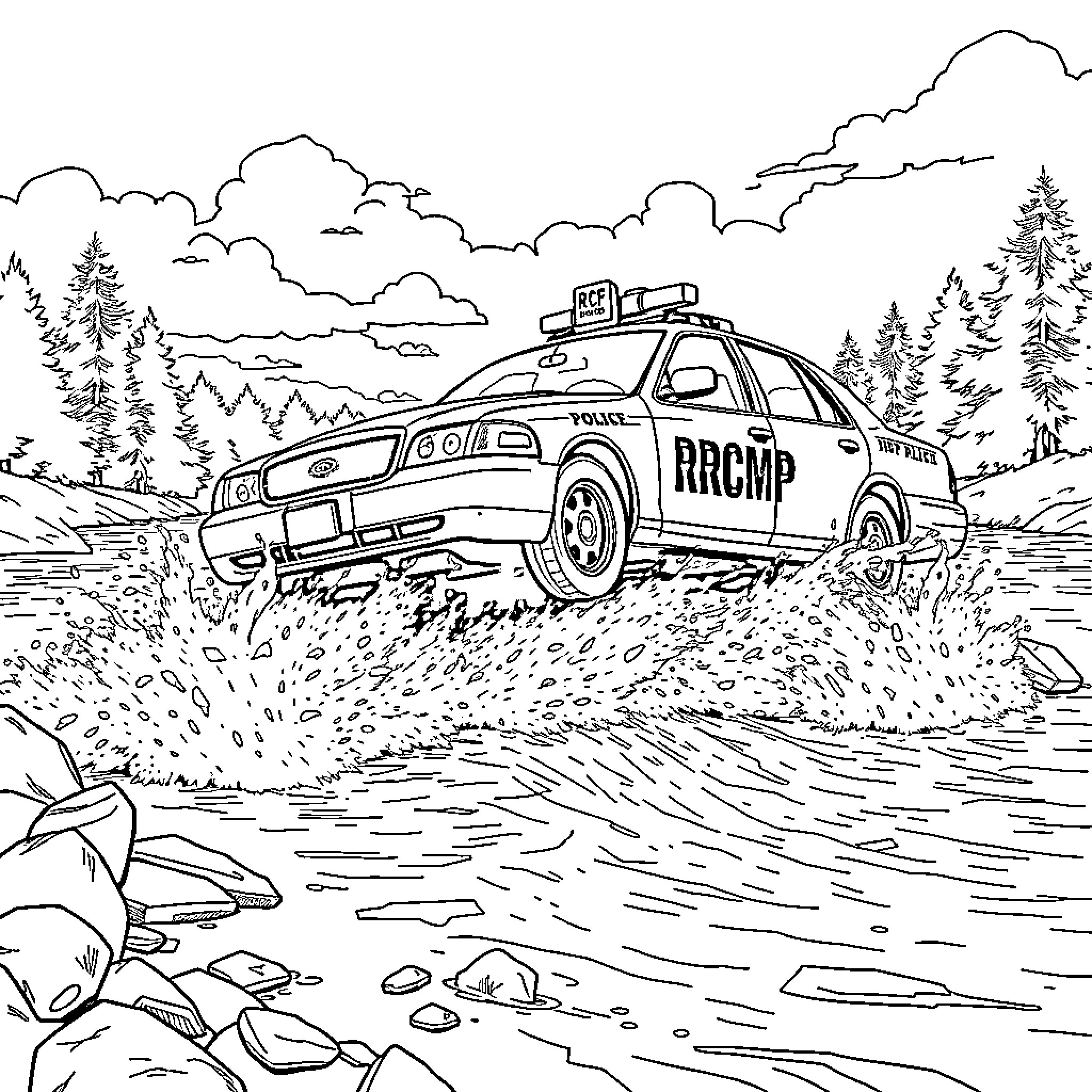 Police Car Navigating Challenging Terrain in Wilderness Coloring Page (free black-and-white line drawing printable PDF for all, from beginners to advanced learners, including children, teens, adults, and seniors)