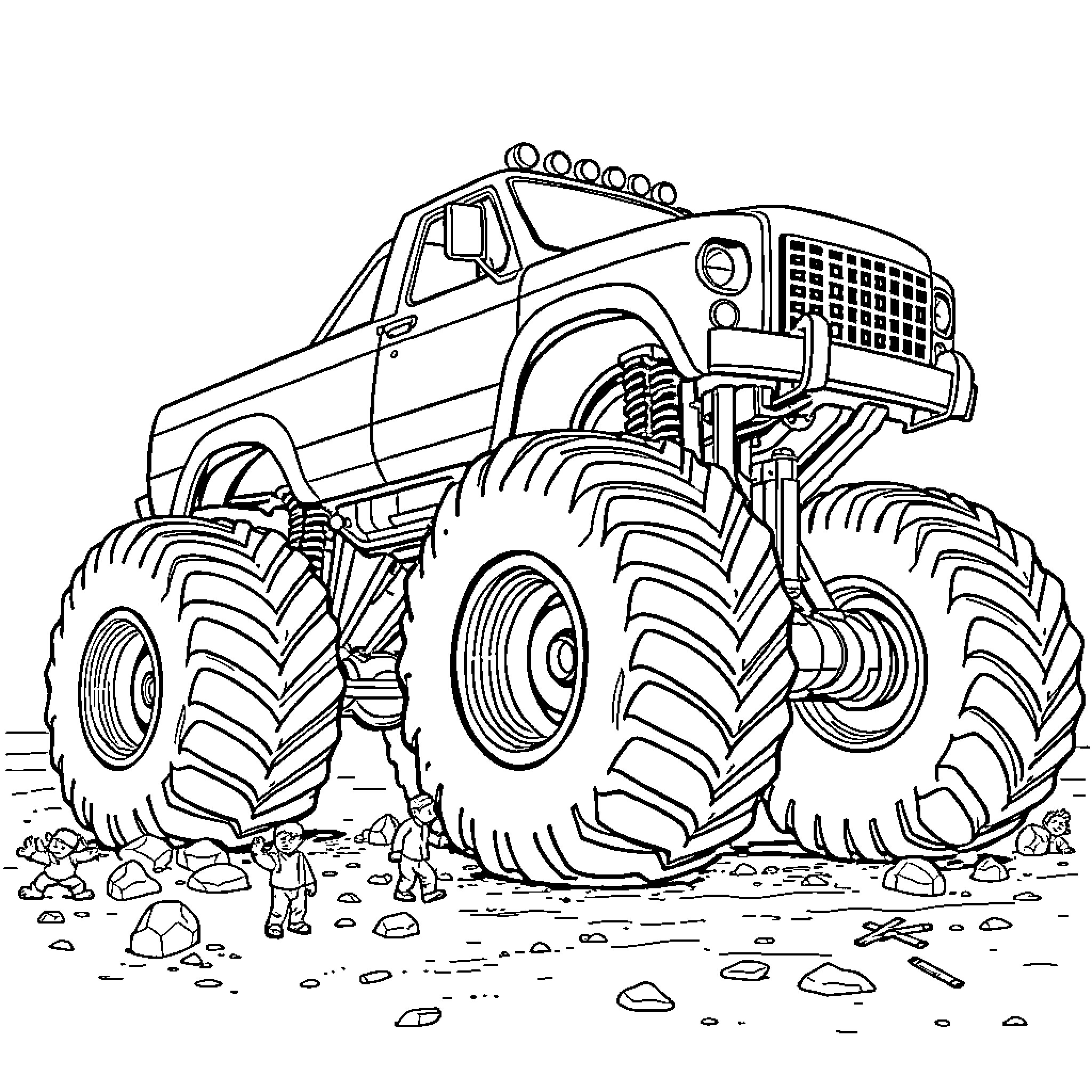 Monster Truck Crushing Obstacles on the Rugged Terrain Coloring Page (free black-and-white line drawing printable PDF for all, from beginners to advanced learners, including children, teens, adults, and seniors)