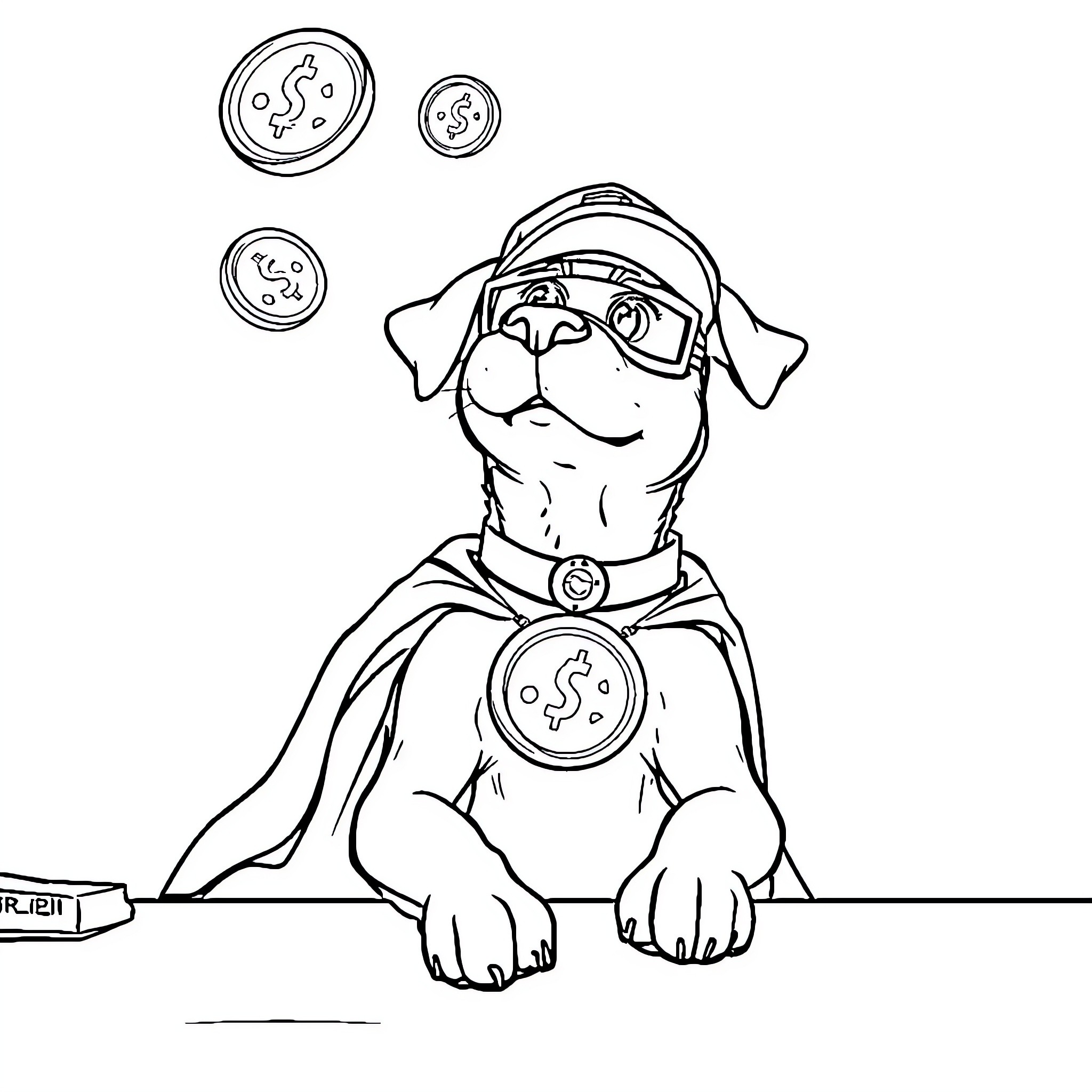 Dog superhero with gear and accessories Coloring Page (free black-and-white line drawing printable PDF for all, from beginners to advanced learners, including children, teens, adults, and seniors)