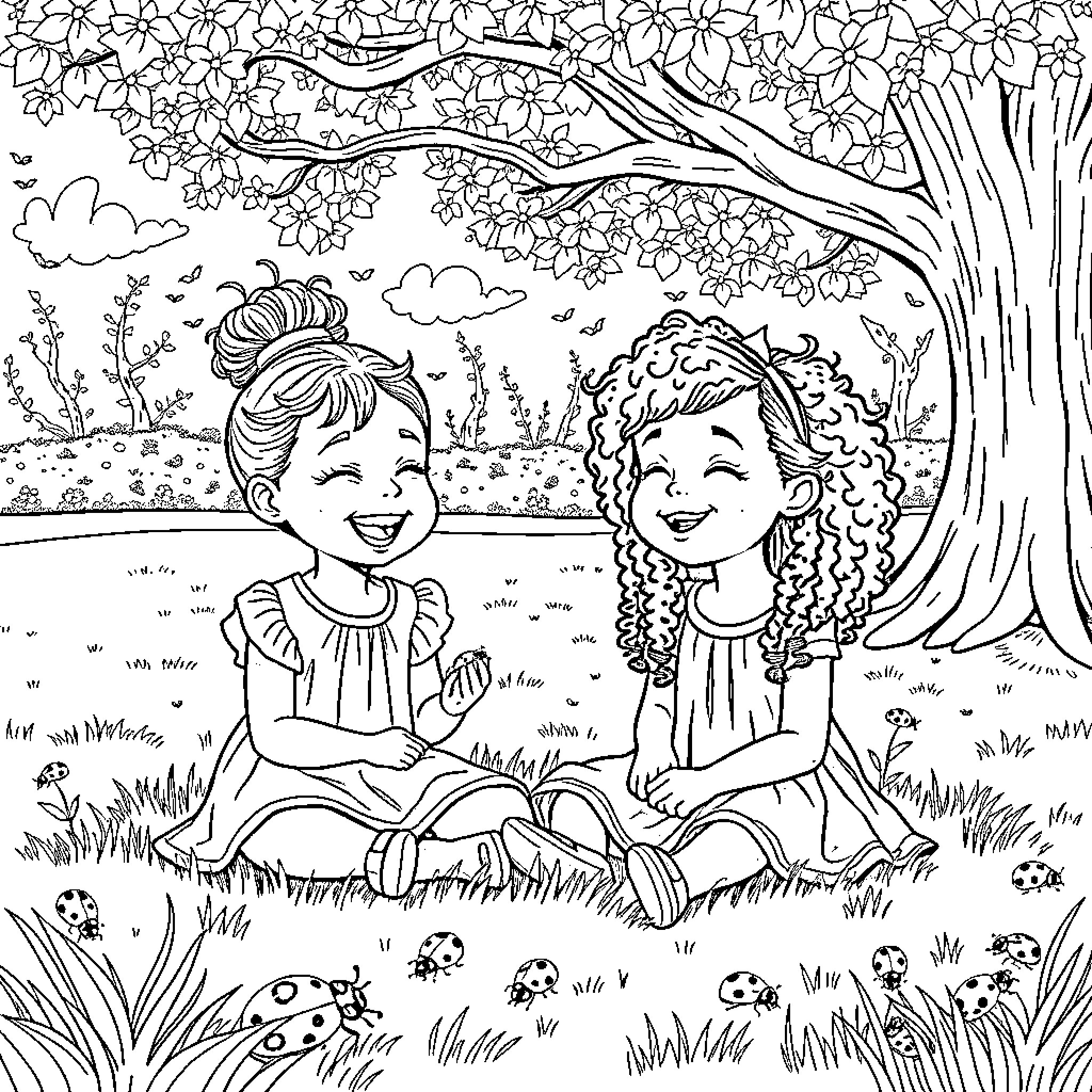 Girls chatting happily in a flower-filled meadow Coloring Page (free black-and-white line drawing printable PDF for all, from beginners to advanced learners, including children, teens, adults, and seniors)