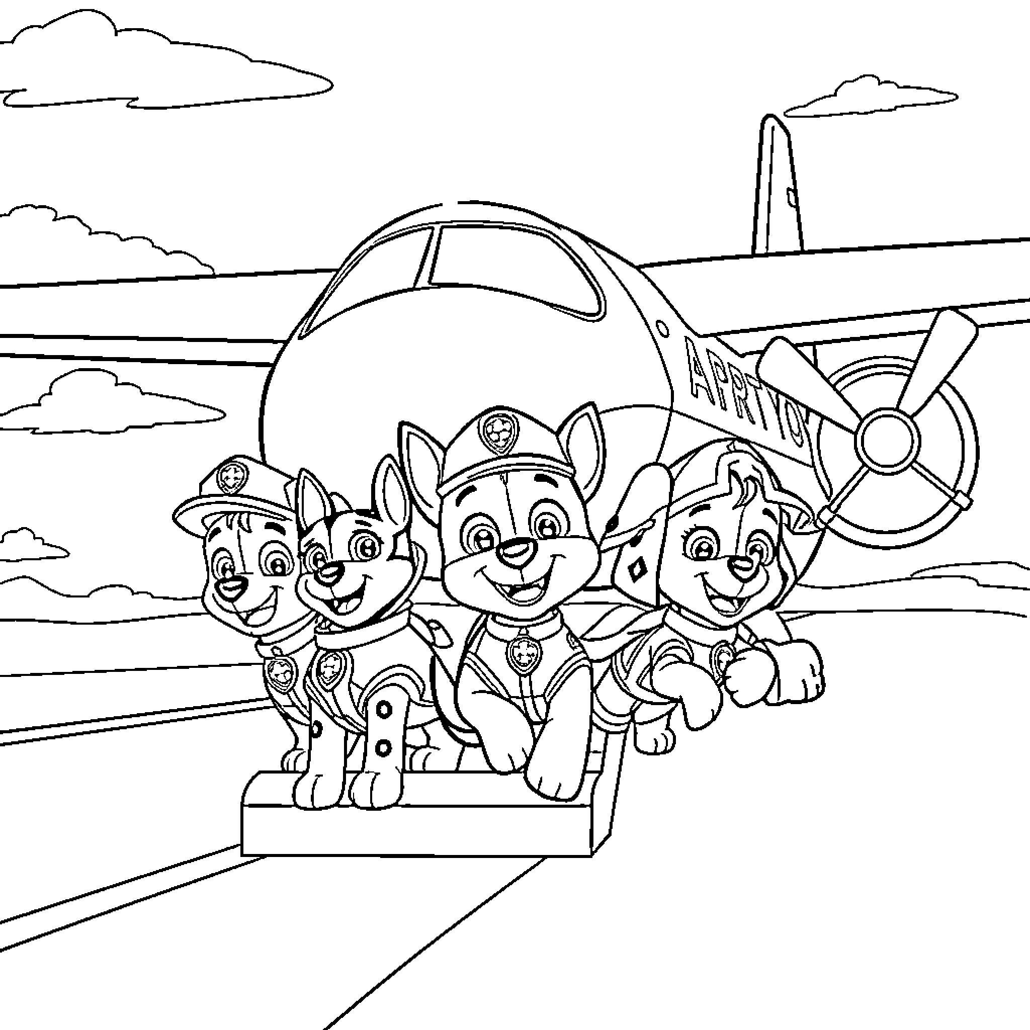 Paw Patrol Puppies Pose with Airplane Coloring Page (free black-and-white line drawing printable PDF for all, from beginners to advanced learners, including children, teens, adults, and seniors)
