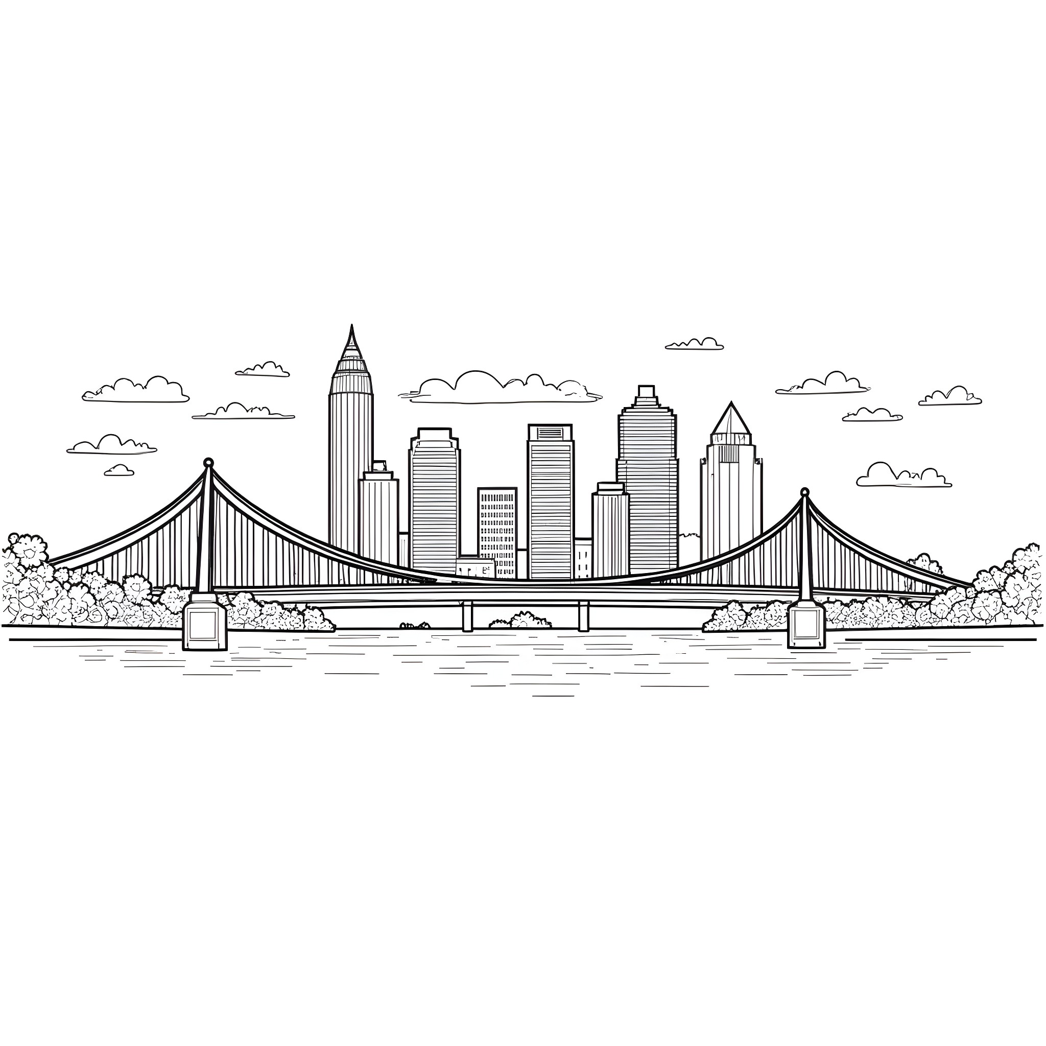 Sacramento skyline with bridge and urban landscape Coloring Page (free black-and-white line drawing printable PDF for all, from beginners to advanced learners, including children, teens, adults, and seniors)