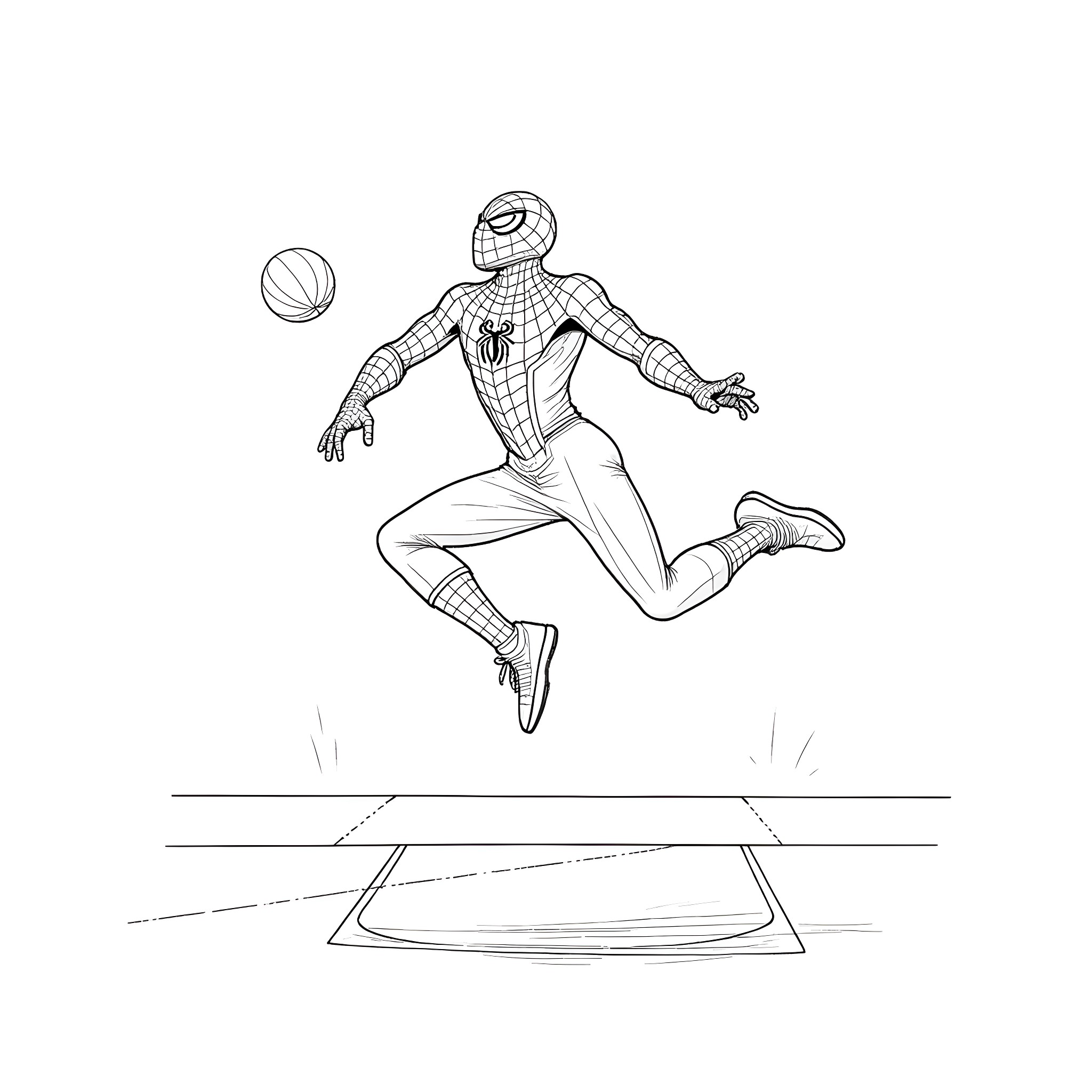 Spiderman swinging through the air and chasing a ball Coloring Page (free black-and-white line drawing printable PDF for all, from beginners to advanced learners, including children, teens, adults, and seniors)