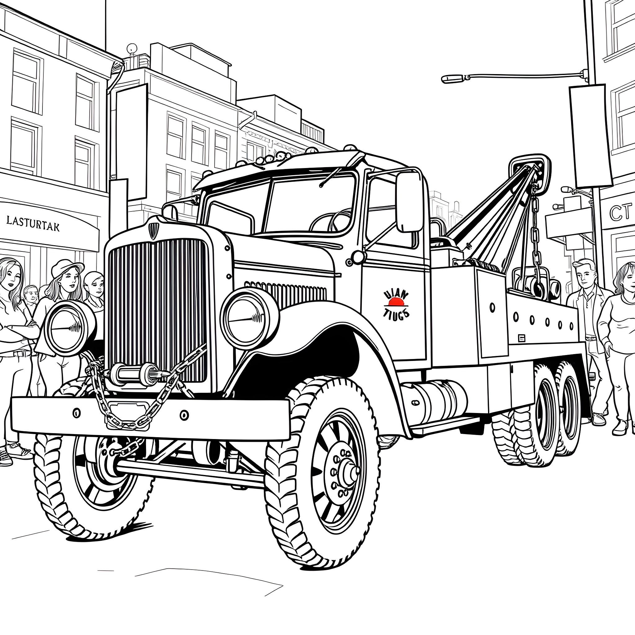 Tow Truck Assisting Stranded Vehicle on City Street Coloring Page (free black-and-white line drawing printable PDF for all, from beginners to advanced learners, including children, teens, adults, and seniors)