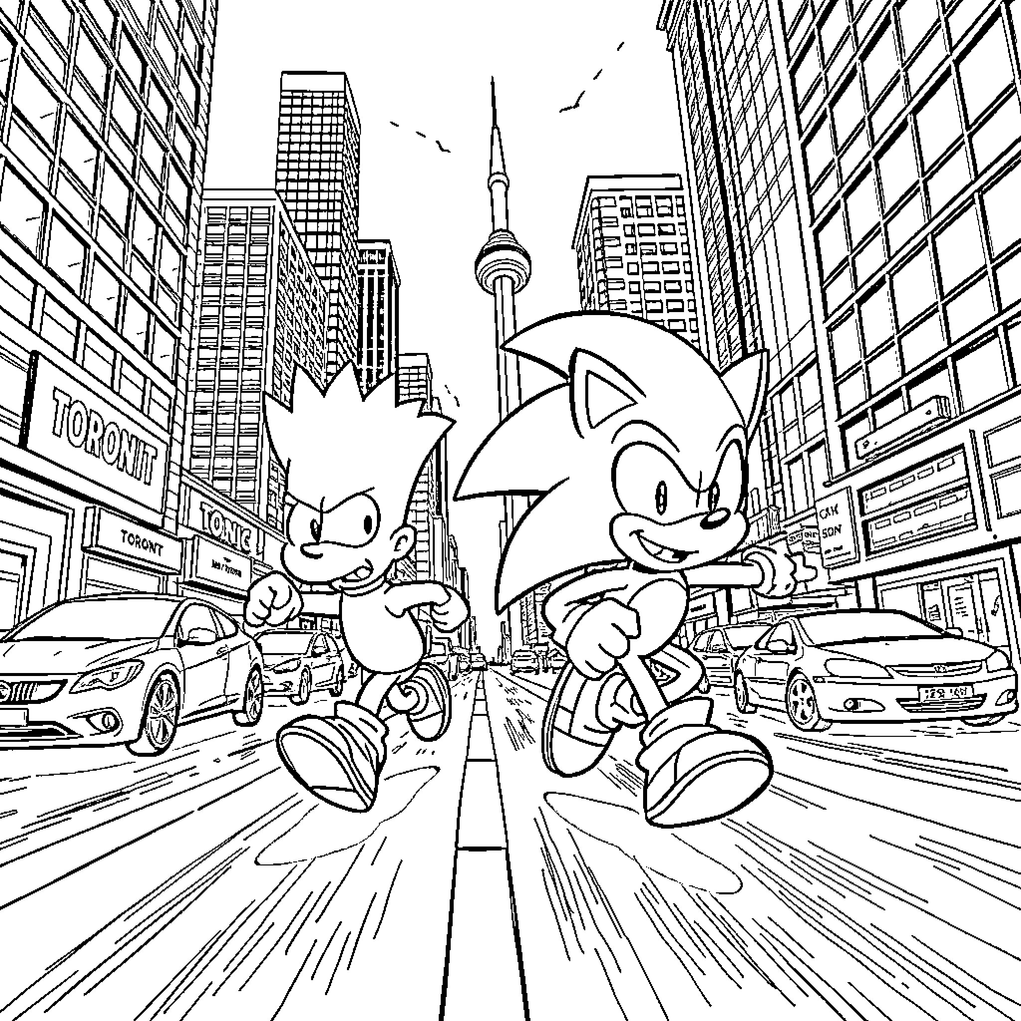 Bart Simpson and Sonic the Hedgehog race through a bustling city Coloring Page (free black-and-white line drawing printable PDF for all, from beginners to advanced learners, including children, teens, adults, and seniors)