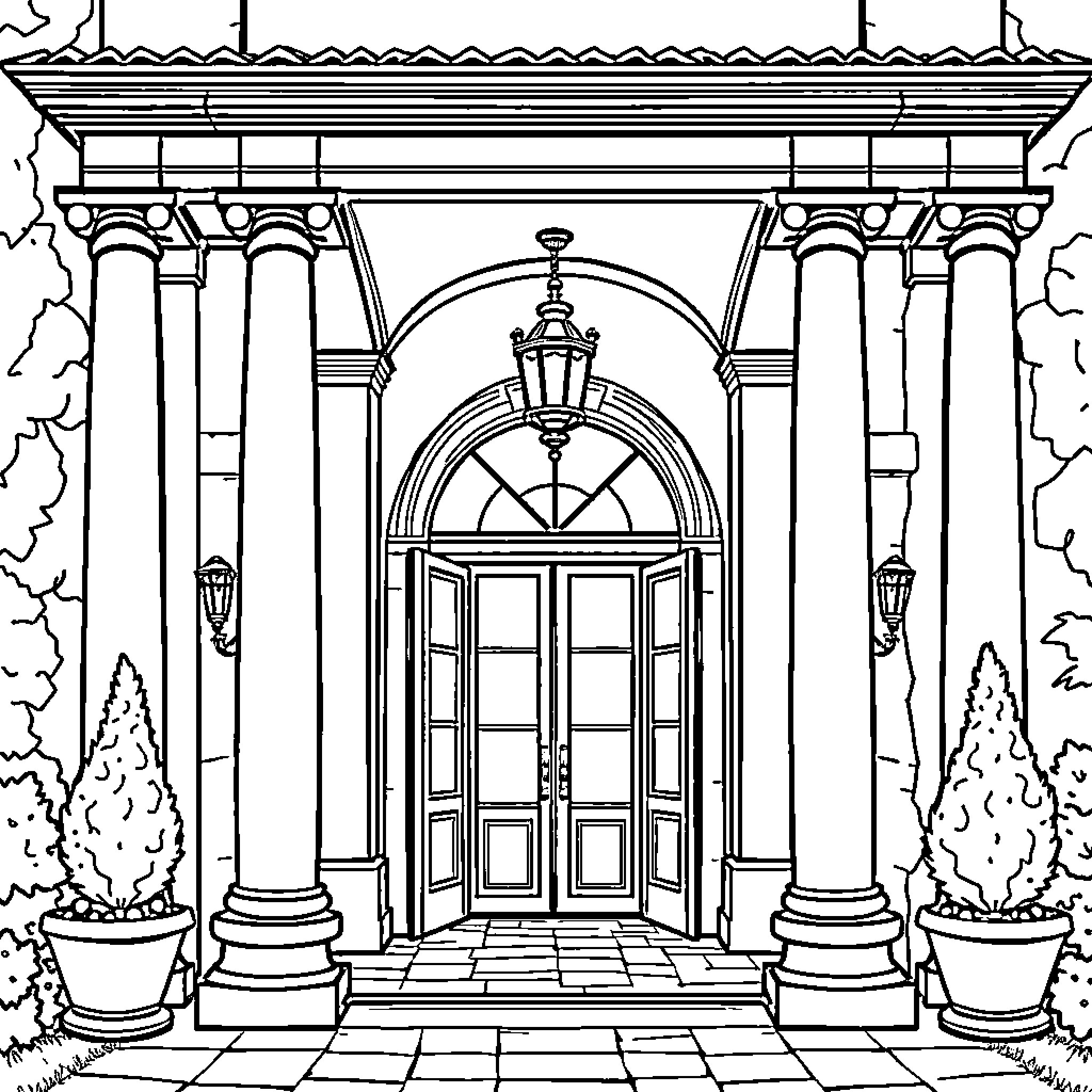 Portico with ornate architectural details Coloring Page (free black-and-white line drawing printable PDF for all, from beginners to advanced learners, including children, teens, adults, and seniors)