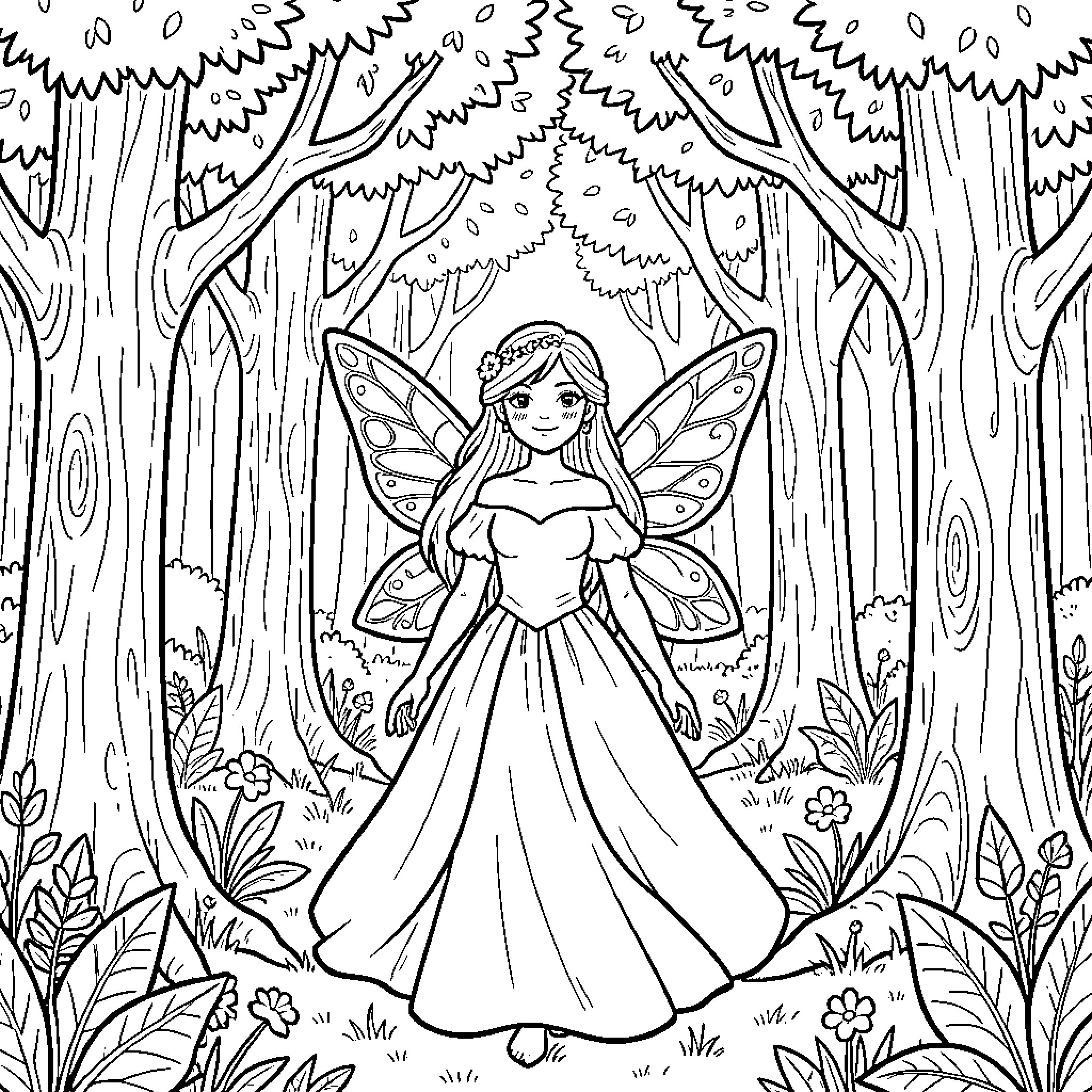 Fairy standing gracefully in a magical forest Coloring Page (free black-and-white line drawing printable PDF for all, from beginners to advanced learners, including children, teens, adults, and seniors)