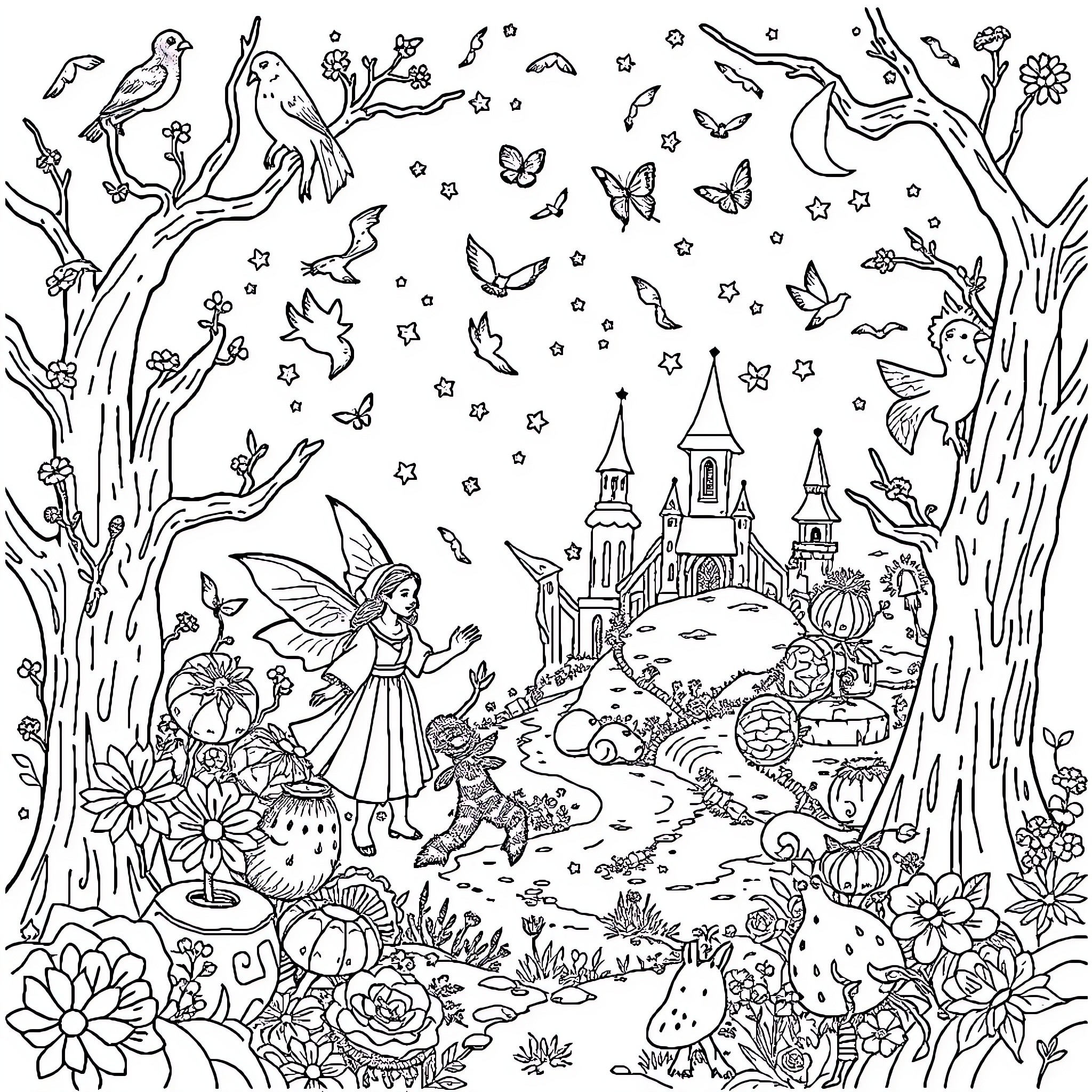 Fairy Tale of Magical Forest and Castle Coloring Page (free black-and-white line drawing printable PDF for all, from beginners to advanced learners, including children, teens, adults, and seniors)