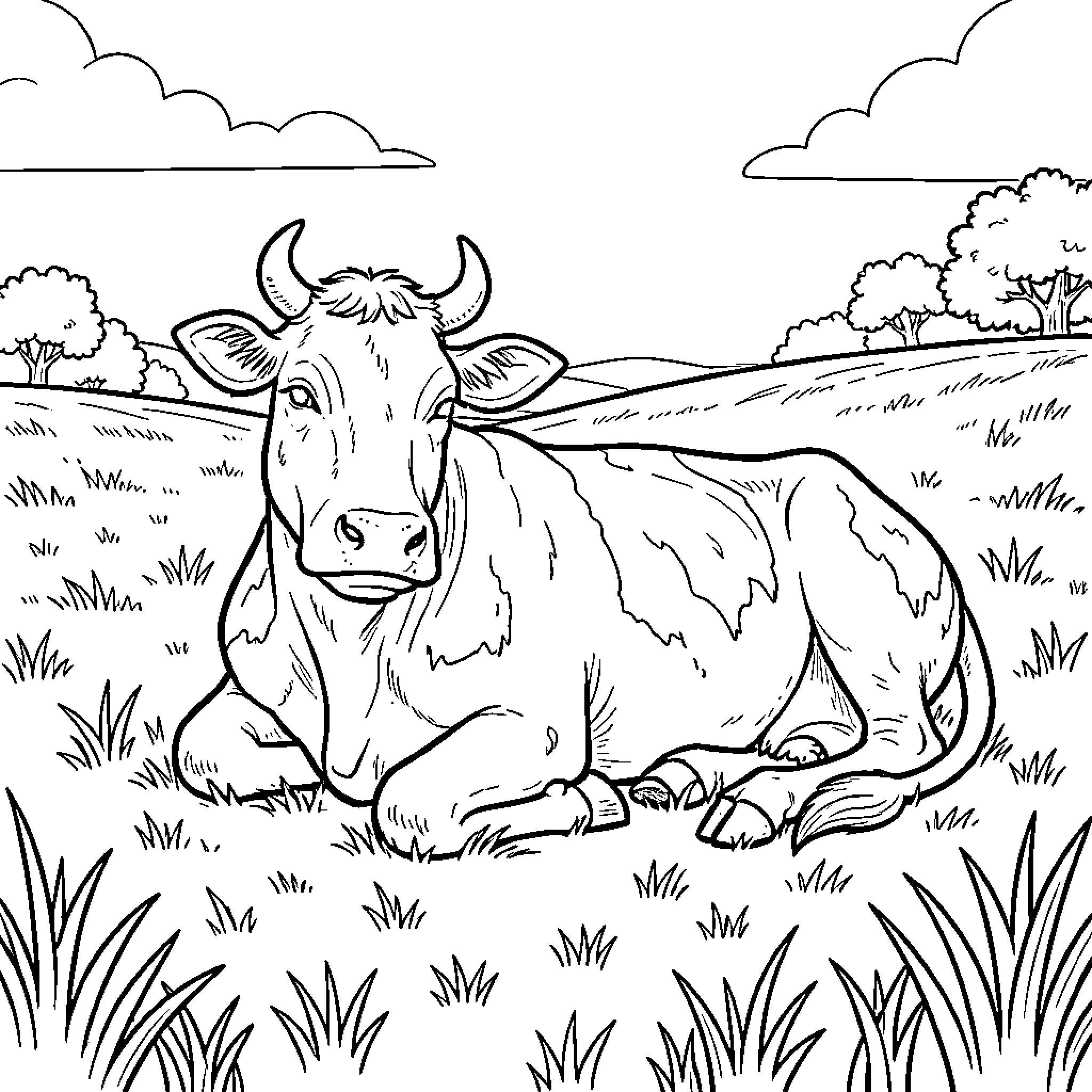 Cow resting peacefully in a grassy field Coloring Page (free black-and-white line drawing printable PDF for all, from beginners to advanced learners, including children, teens, adults, and seniors)