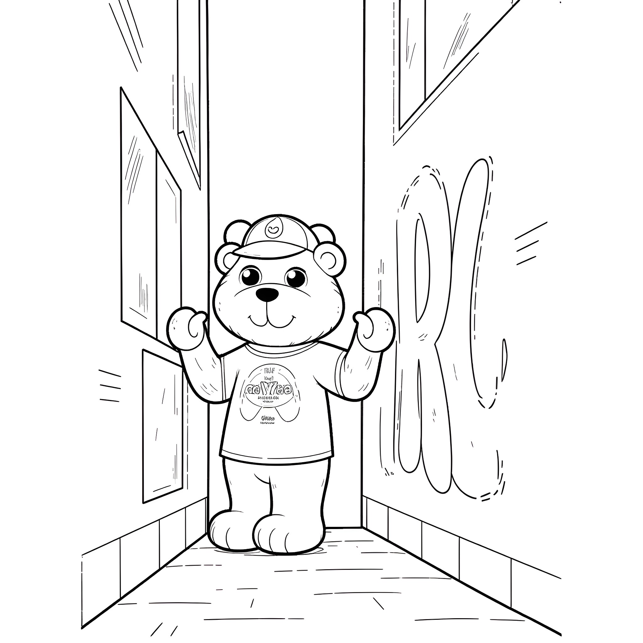 Teddy Bear with Cap Standing in a Hallway Coloring Page (free black-and-white line drawing printable PDF for all, from beginners to advanced learners, including children, teens, adults, and seniors)
