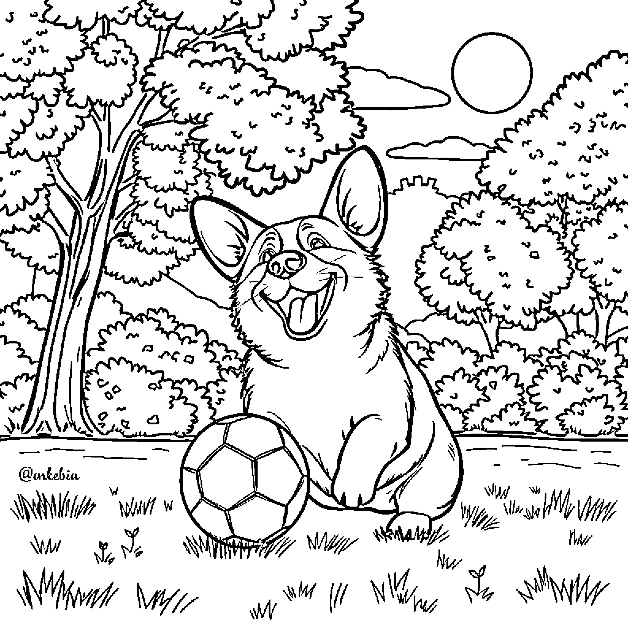 Corgi playing happily with a soccer ball in the park Coloring Page (free black-and-white line drawing printable PDF for all, from beginners to advanced learners, including children, teens, adults, and seniors)